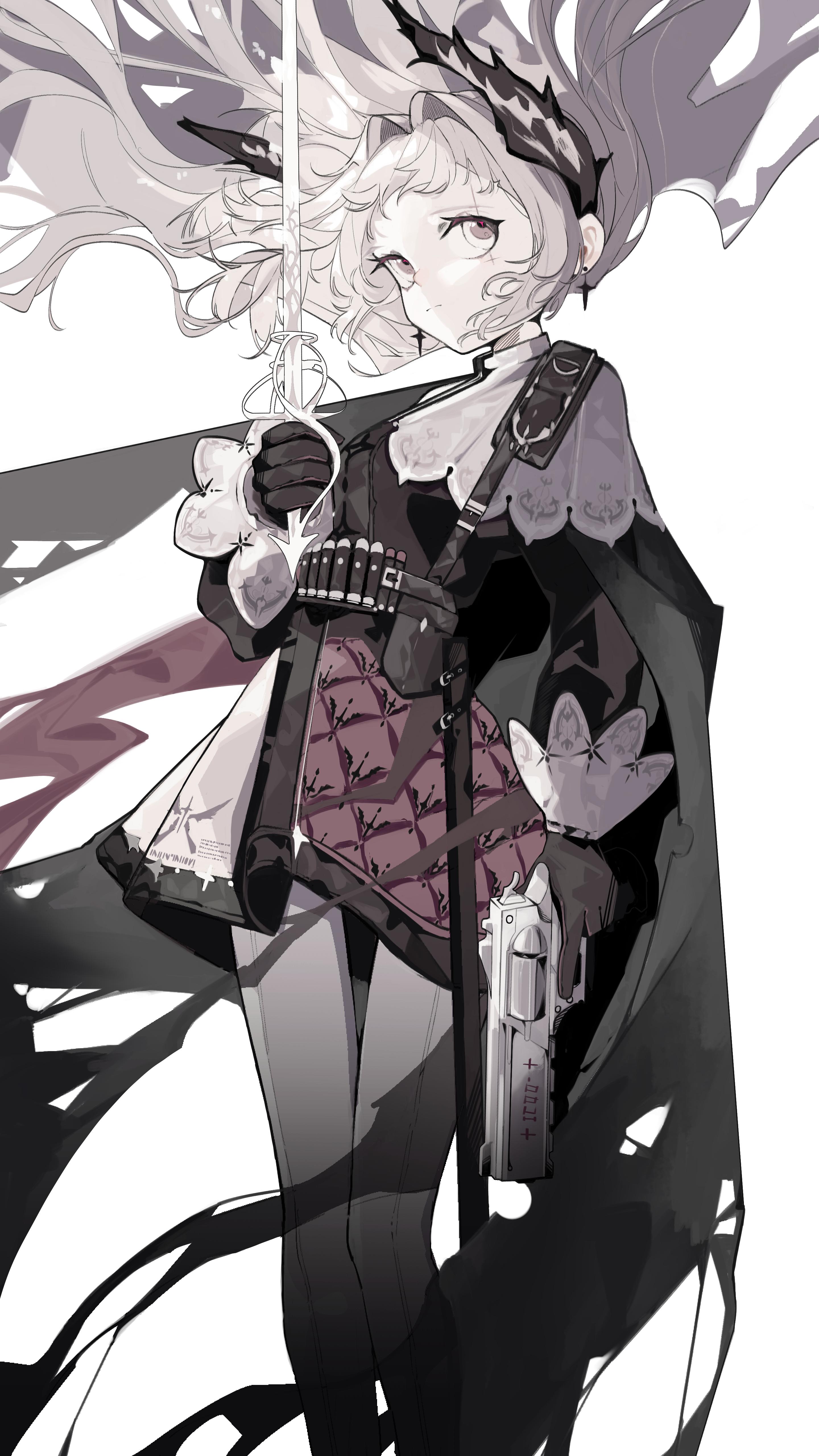 irene (arknights), arknights, absurdres, commentary, highres, 1girl, asymmetrical dual wielding, bandolier, belt, black cape, black gloves, black jacket, cape, capelet, closed mouth, cross scar, dual wielding, earrings, feet out of frame, floating hair, front-seamed legwear, gloves, grey eyes, grey hair, gun, handgun, head wings, holding, holding gun, holding sword, holding weapon, iberia logo, inainainaiina, jacket, jewelry, long sleeves, pantyhose, pink ribbon, pink skirt, ribbon, scar, scar across eye, scar on face, seamed legwear, skirt, sleeve cuffs, solo, strap, sword, sword in front of face, thigh gap, trigger discipline, upturned eyes, weapon, white background, white capelet, white pantyhose, white skirt, wings
