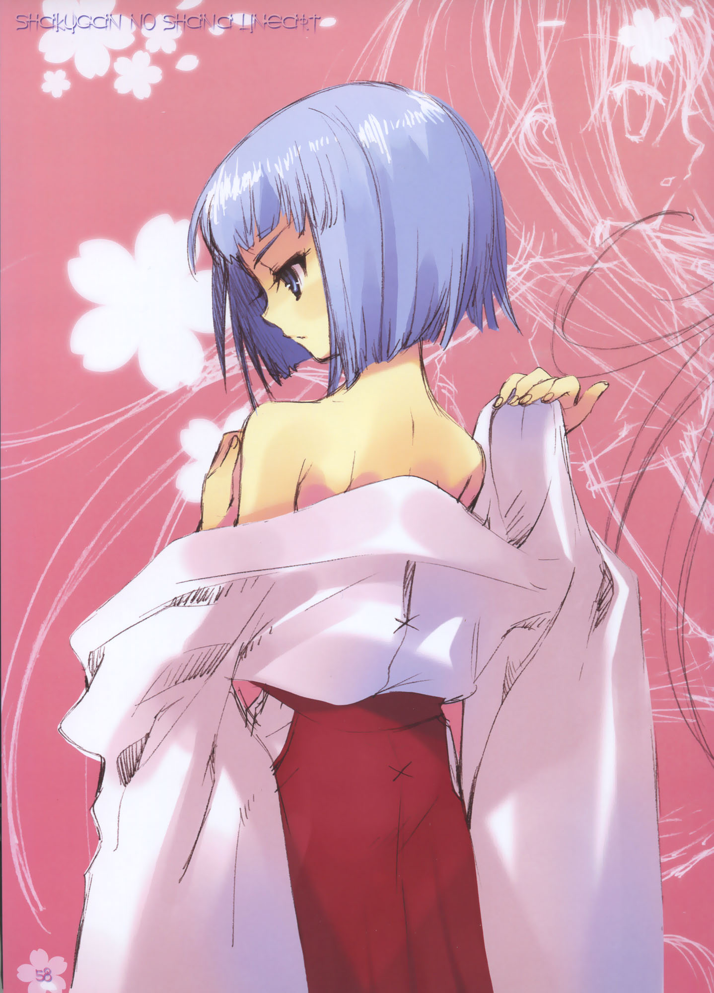 ito noizi, hecate (shakugan no shana), shakugan no shana, highres, 00s, 1girl, bare shoulders, blue eyes, blue hair, female focus, japanese clothes, kimono, matching hair/eyes, profile, short hair, solo