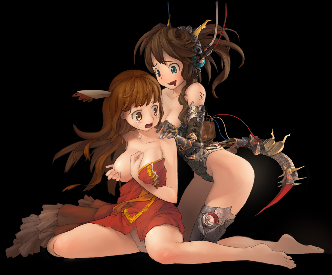 ddal, original, bad id, bad pixiv id, 2girls, barefoot, breast slip, breasts, cleavage, dress, elbow gloves, feet, gloves, grabbing another's breast, groping, large breasts, mecha musume, multiple girls, open mouth, panties, pantyshot, saliva, tail, tears, underwear, yuri