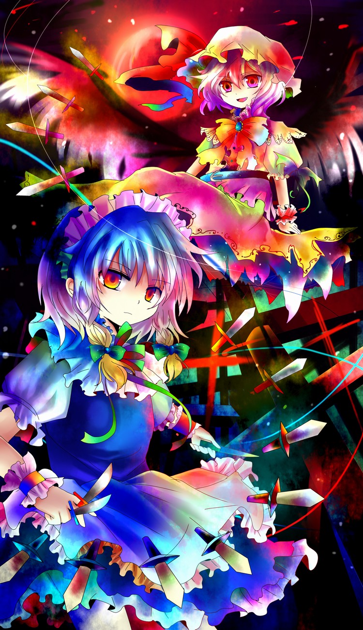 kazu (muchuukai), izayoi sakuya, remilia scarlet, touhou, bad id, bad pixiv id, highres, 2girls, braid, colorful, female focus, gradient background, hat, knife, maid, moon, multiple girls, outdoors, red moon, short hair, sky, throwing knife, twin braids, vampire, weapon, wings