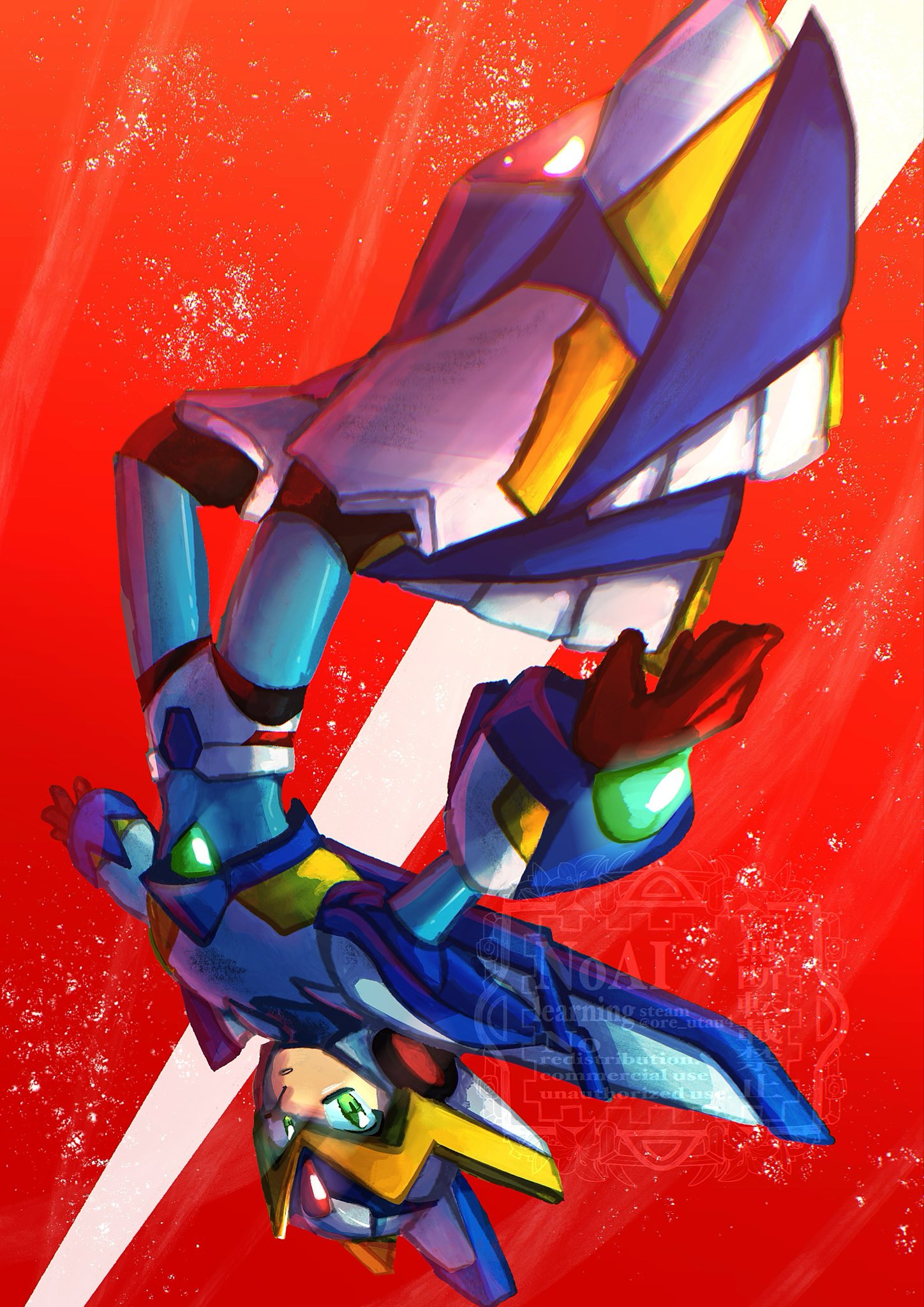 ore utau4, falcon armor x (mega man), x (mega man), mega man (series), mega man x (series), highres, 1boy, armor, forehead jewel, green eyes, helmet, looking at viewer, male focus, mechanical wings, red background, simple background, solo, upside-down, watermark, white armor, white helmet, wings