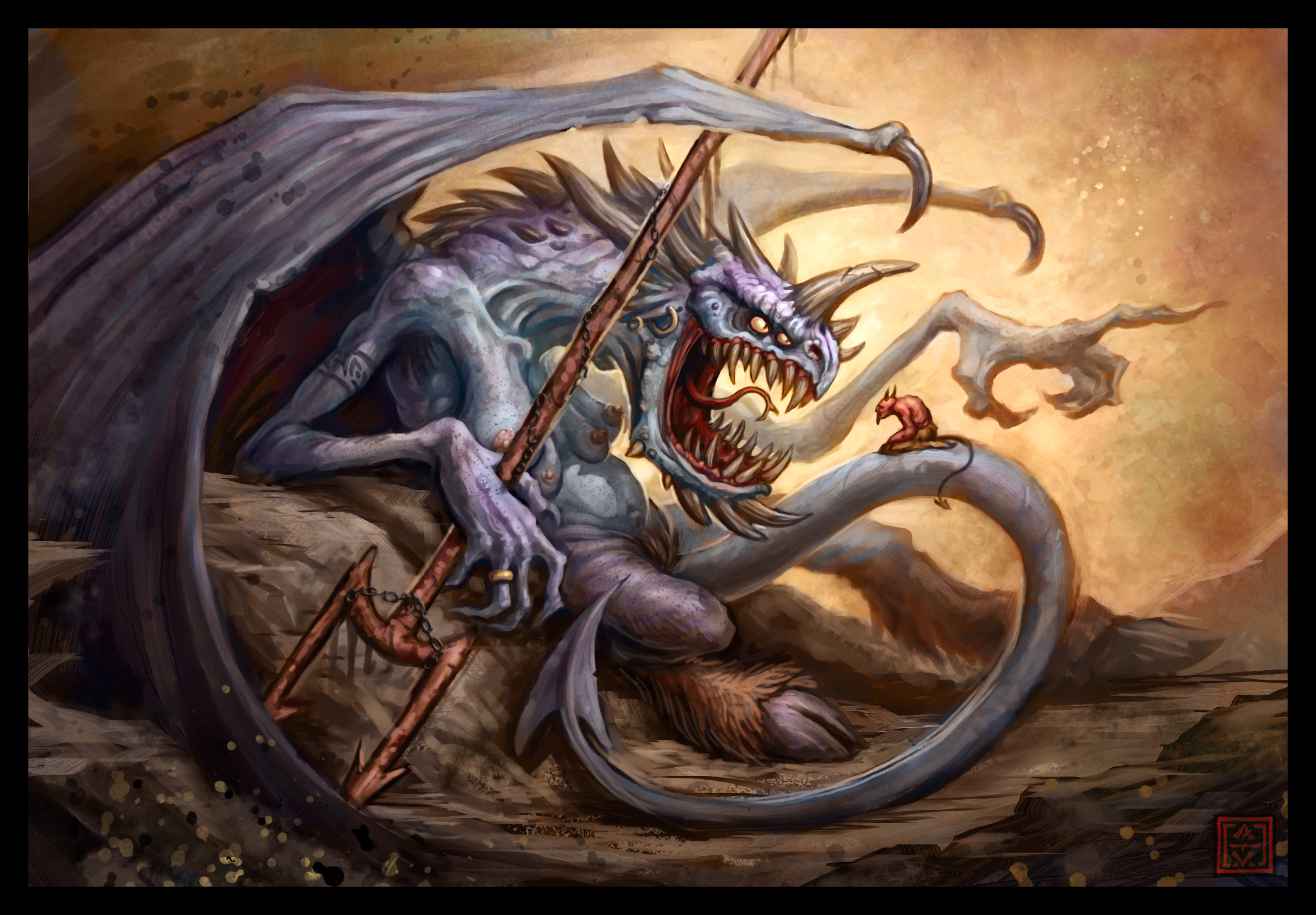 adam vehige, satan (mythology), highres, age difference, blue skin, breasts, chain, colored skin, demon, earrings, extra breasts, facial hair, fangs, female pubic hair, forked tongue, goatee, hooves, horns, jewelry, monster, mother and son, navel, nipples, no humans, nude, pointing, polearm, pubic hair, red skin, ring, spear, tail, tattoo, tongue, weapon, wings