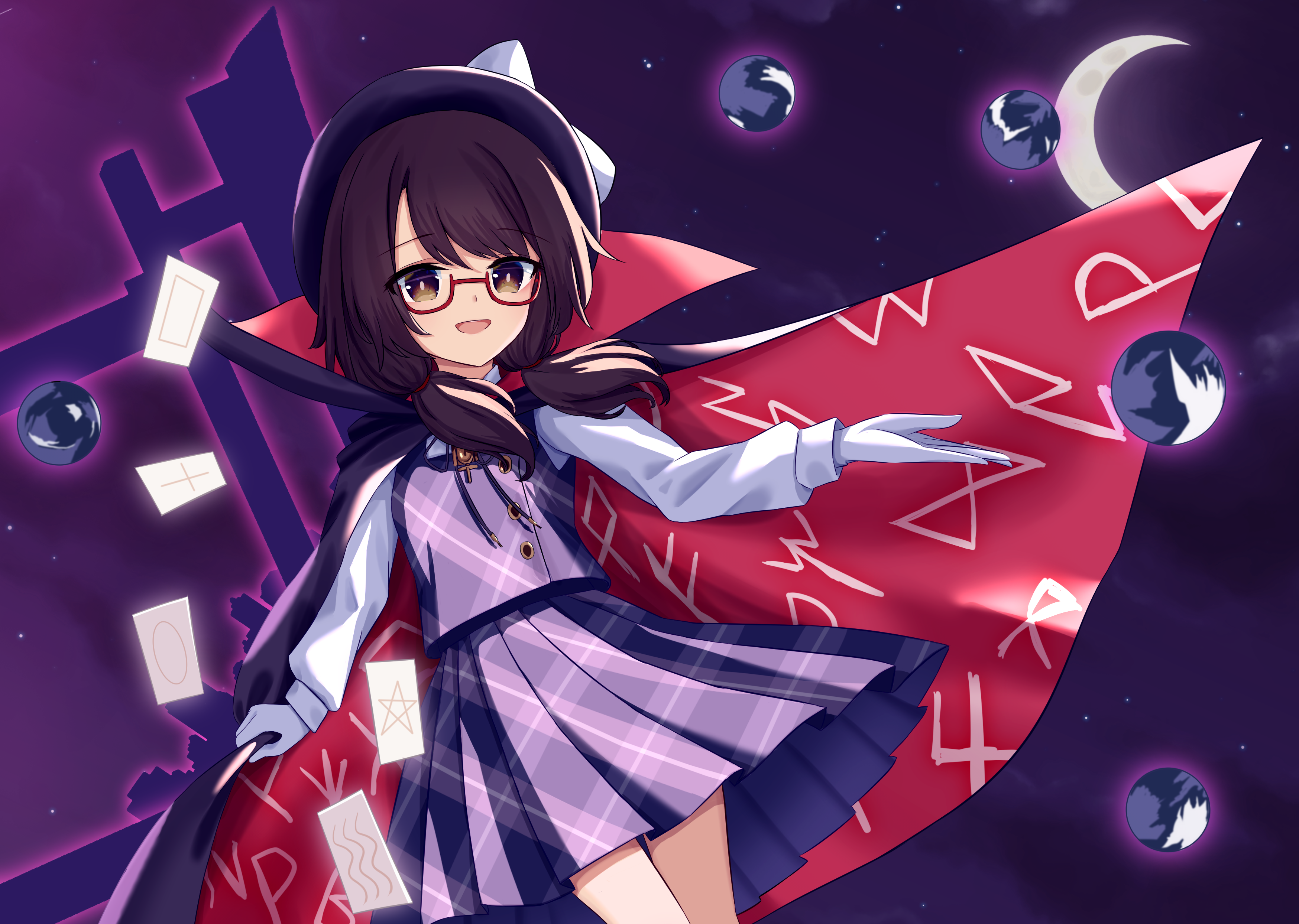 16sanrach, usami sumireko, touhou, urban legend in limbo, absurdres, commentary, highres, 1girl, brown eyes, brown hair, cape, crescent moon, glasses, gloves, hat, long hair, long sleeves, looking at viewer, low twintails, moon, occult ball, open mouth, plaid clothes, plaid skirt, plaid vest, pleated skirt, purple cape, purple vest, red-framed eyewear, red cape, semi-rimless eyewear, shirt, skirt, smile, solo, twintails, two-sided cape, two-sided fabric, under-rim eyewear, vest, white gloves, white shirt, zener card