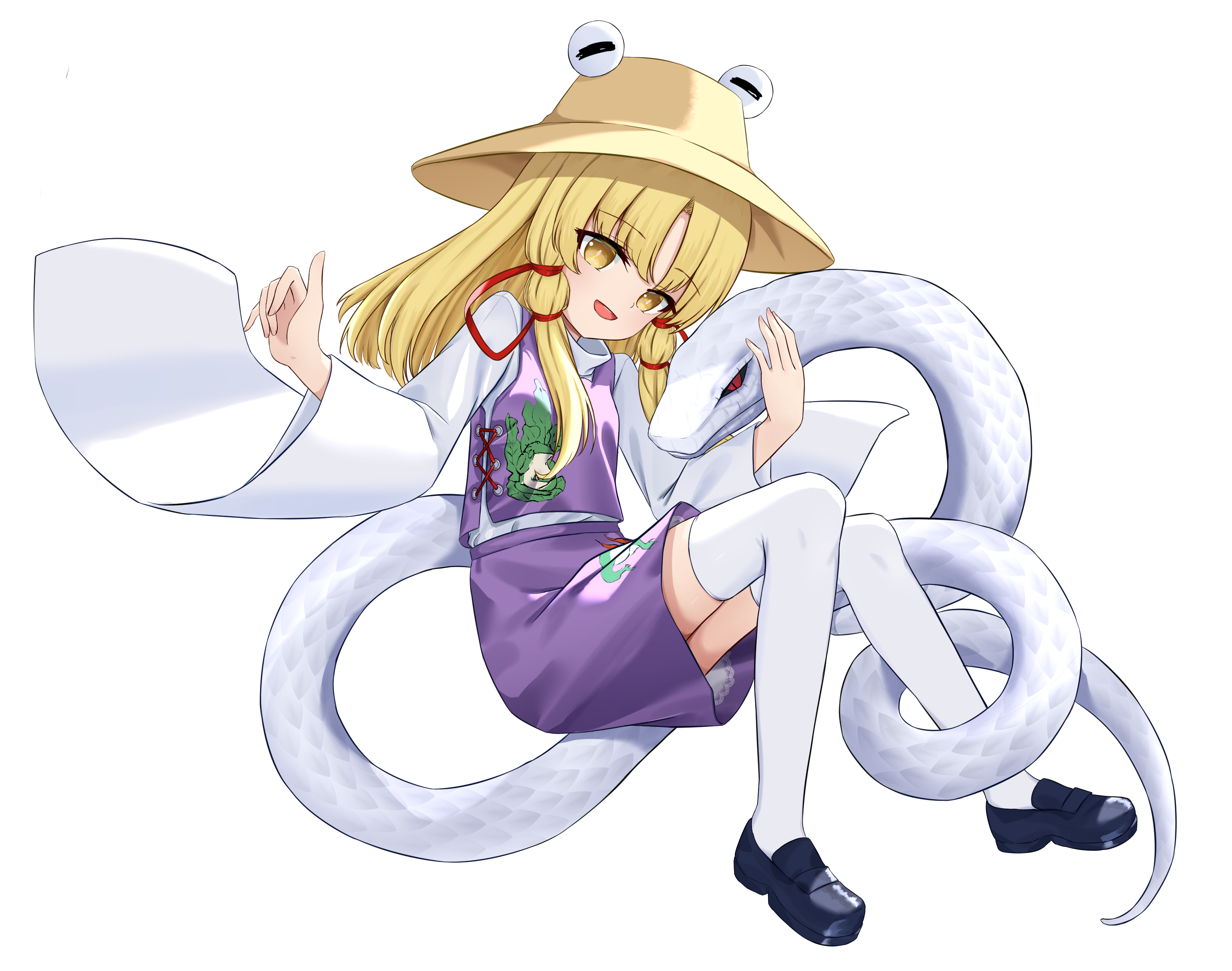 16sanrach, mishaguji, moriya suwako, touhou, absurdres, chinese commentary, commentary request, highres, 1girl, animal print, blonde hair, blue shoes, brown hat, frog print, hair ribbon, hat, loafers, long hair, long sleeves, looking at viewer, purple skirt, purple vest, red ribbon, ribbon, shoes, simple background, skirt, skirt set, smile, snake, thighhighs, vest, white background, white snake, white thighhighs, wide sleeves, yellow eyes