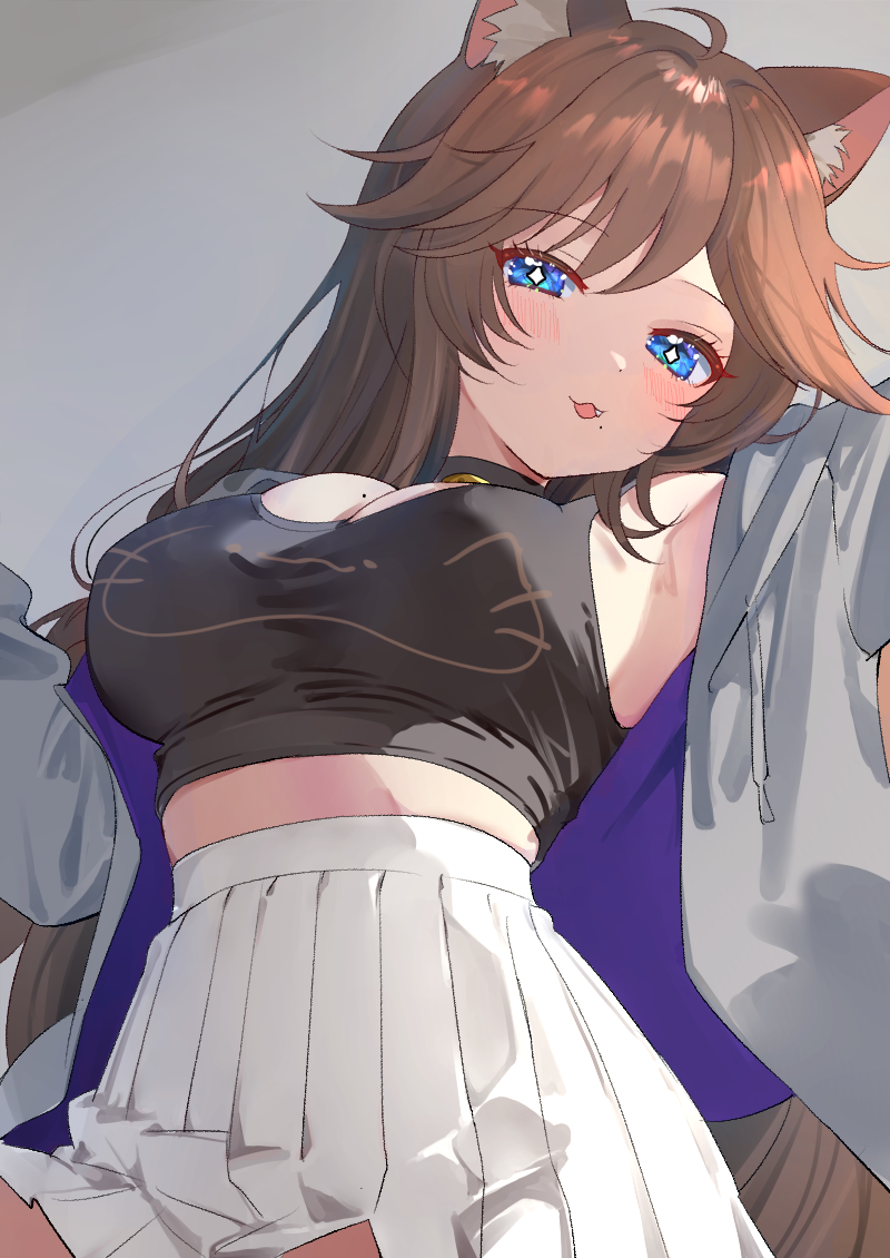 chelzor the destroyer, indie virtual youtuber, non-web source, + +, ahoge, animal ears, armpits, bell, blue eyes, breasts, brown hair, cat ears, cat girl, collar, fangs, hood, hoodie, large breasts, mole, neck bell, ni ta k, nitak, pleated skirt, presenting armpit, skirt, tank top, vitual youtuber