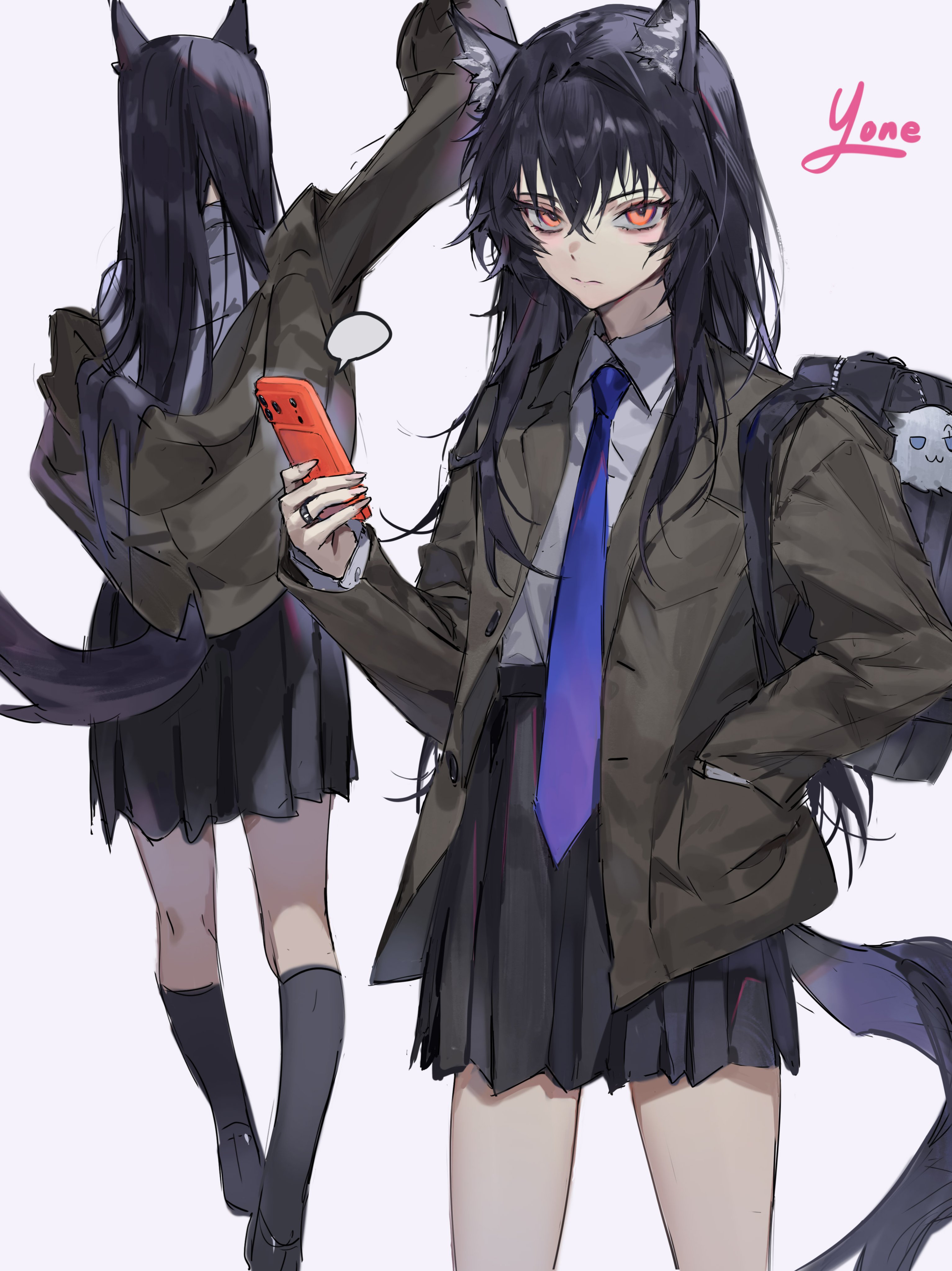 tototo sarada, texas (arknights), arknights, absurdres, highres, 1girl, animal ear fluff, animal ears, arm up, backpack, bag, bag charm, black hair, black skirt, black socks, black tail, blank speech bubble, blazer, brown jacket, buttons, cellphone, charm (object), closed mouth, collared shirt, dressing, facing away, fingernails, grey background, hair between eyes, holding, holding phone, jacket, jewelry, kneehighs, long hair, long sleeves, looking at viewer, multiple views, necktie, open clothes, open jacket, orange eyes, phone, pleated skirt, purple necktie, ring, school uniform, shirt, simple background, skirt, smartphone, socks, speech bubble, standing, staring, tail, unbuttoned, unbuttoned jacket, white shirt, wolf ears, wolf girl, wolf tail