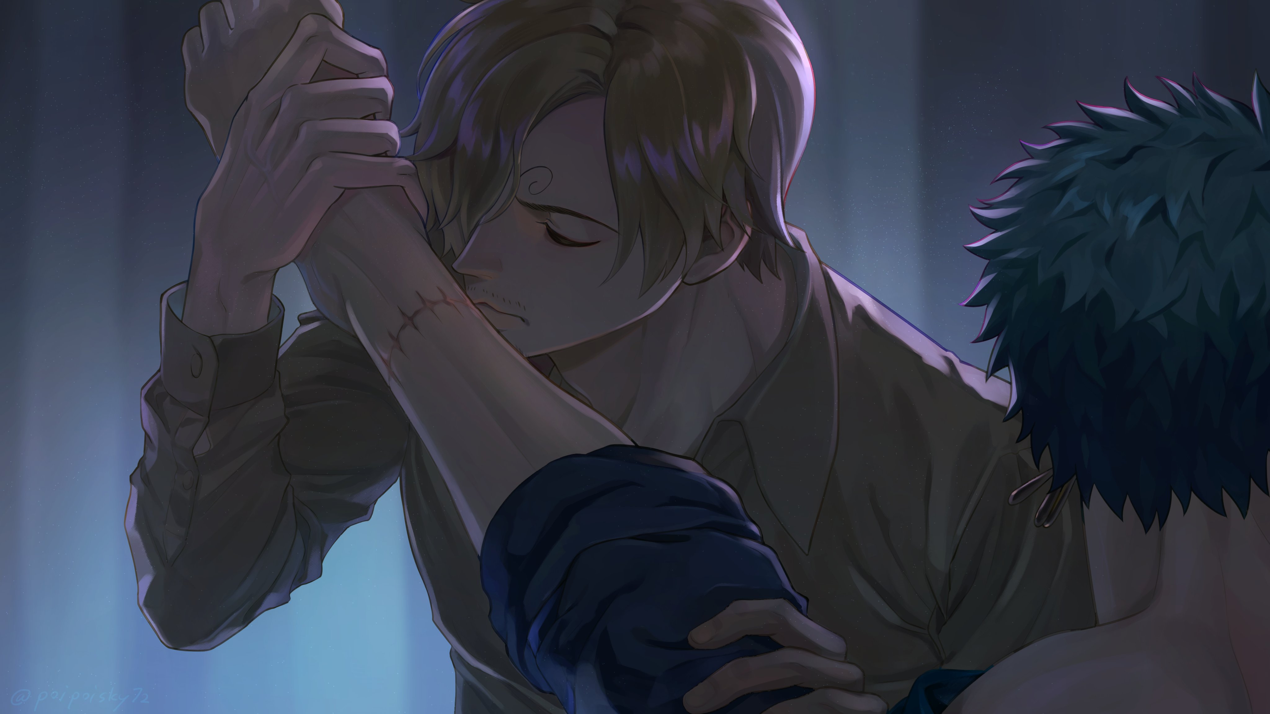 poipoisky72, roronoa zoro, sanji (one piece), one piece, absurdres, commentary request, highres, 2boys, blonde hair, closed eyes, closed mouth, collared shirt, curly eyebrows, earrings, facial hair, green hair, grey background, hair over one eye, holding another's foot, jewelry, kissing foot, long sleeves, male focus, multiple boys, mustache stubble, scar, scar on leg, shirt, short hair, stubble, yaoi