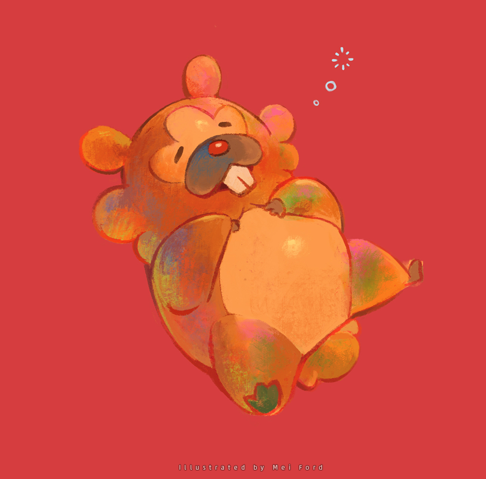 mei ford, bidoof, nintendo, pokemon, commentary request, animal focus, closed eyes, full body, gen 4 pokemon, lying, no humans, on back, pokemon (creature), red background, simple background, sleeping, solo, squeans