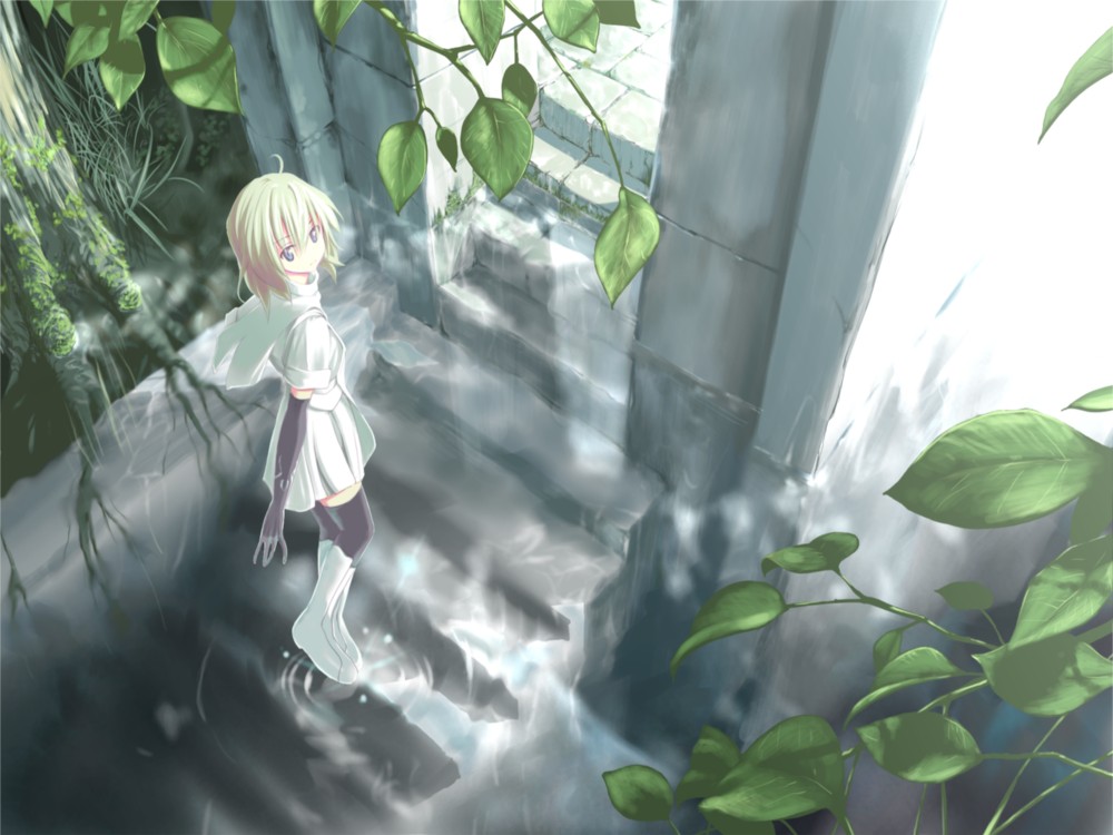 ssi, original, blonde hair, boots, elbow gloves, gloves, short hair, solo, stairs, thighhighs, wading, water