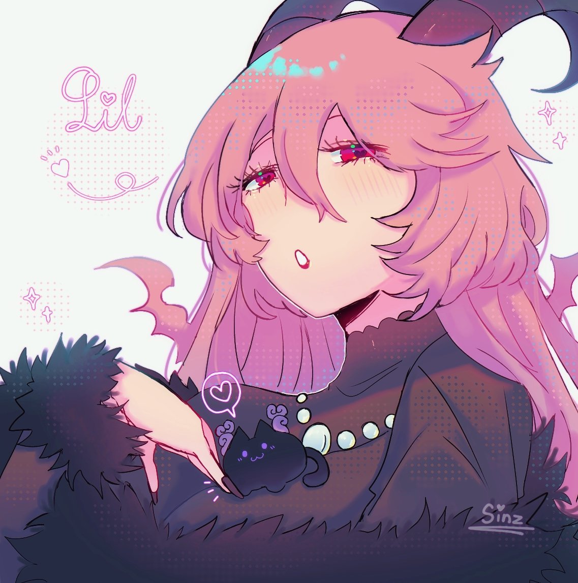 lil (funamusea), satanick (funamusea), funamusea, 1girl, animalization, black dress, breasts, chellaw-sinz-arts, demon girl, demon horns, dress, horns, large breasts, long hair, looking at viewer, person and animalization, pink hair, red eyes, solo