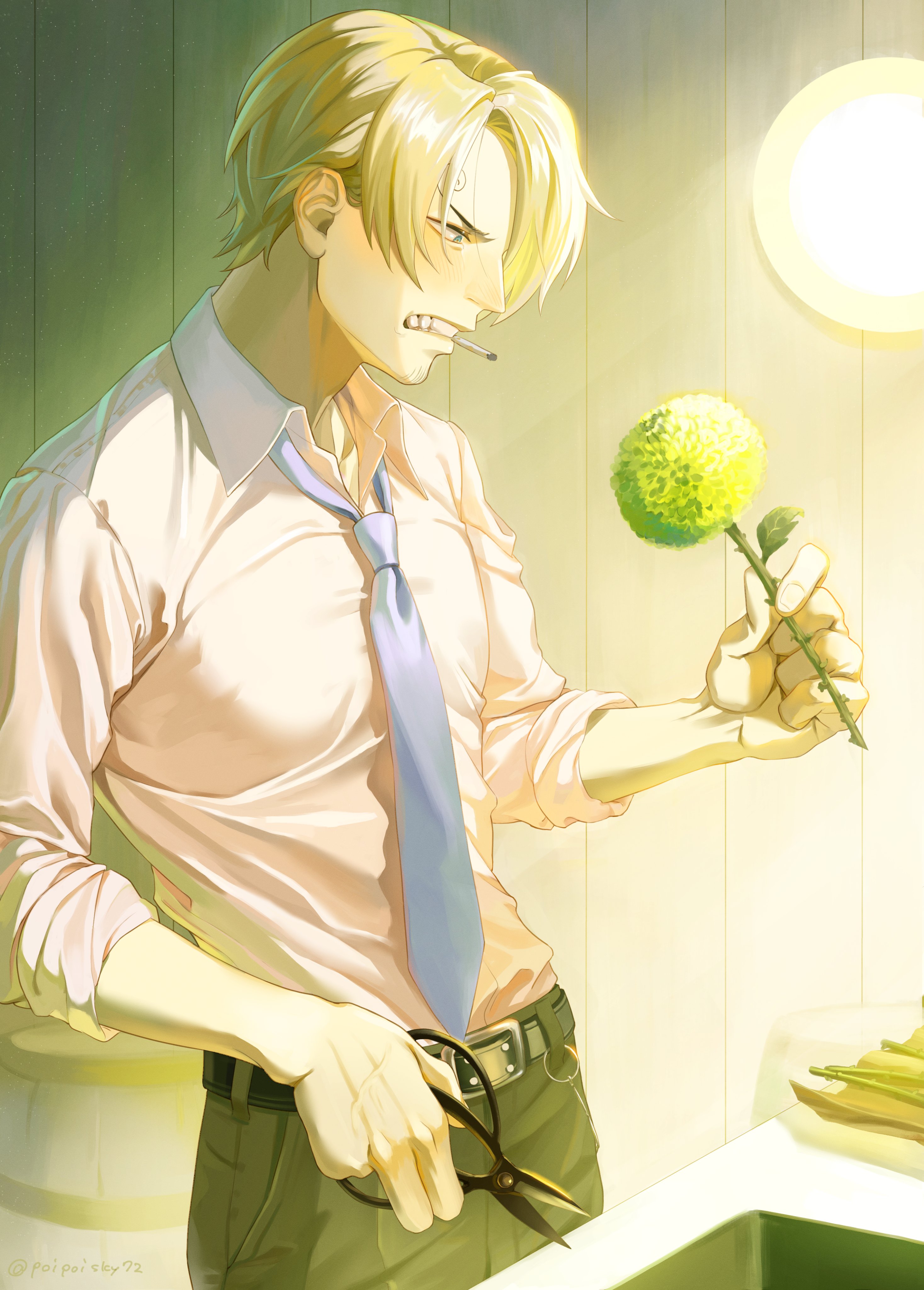 poipoisky72, sanji (one piece), one piece, absurdres, commentary request, highres, 1boy, belt, black belt, black pants, blonde hair, blue eyes, cigarette, collared shirt, curly eyebrows, facial hair, flower, goatee stubble, grimace, holding, holding scissors, indoors, male focus, mouth hold, necktie, pants, scissors, shirt, short hair, solo, stubble, teeth hold, thorns, white shirt