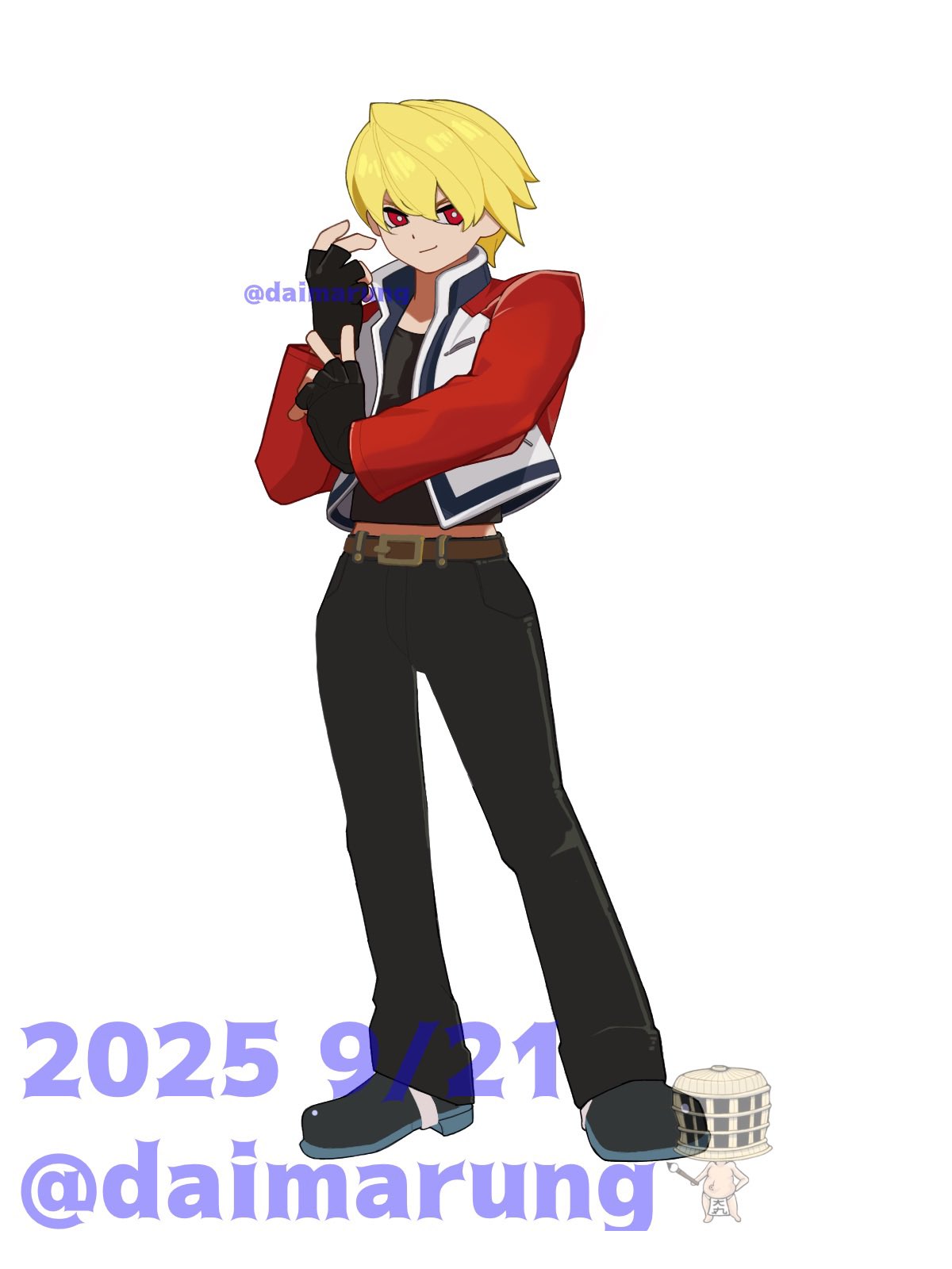 daimaru (s29y2c), rock howard, fatal fury, garou: mark of the wolves, highres, 1boy, artist name, belt, black gloves, black pants, black shirt, black shoes, blonde hair, bright pupils, brown belt, closed mouth, crop top, dated, fingerless gloves, full body, gloves, hair between eyes, jacket, looking to the side, male focus, midriff peek, pants, red eyes, shirt, shoes, short hair, simple background, smile, solo, standing, white background, white pupils