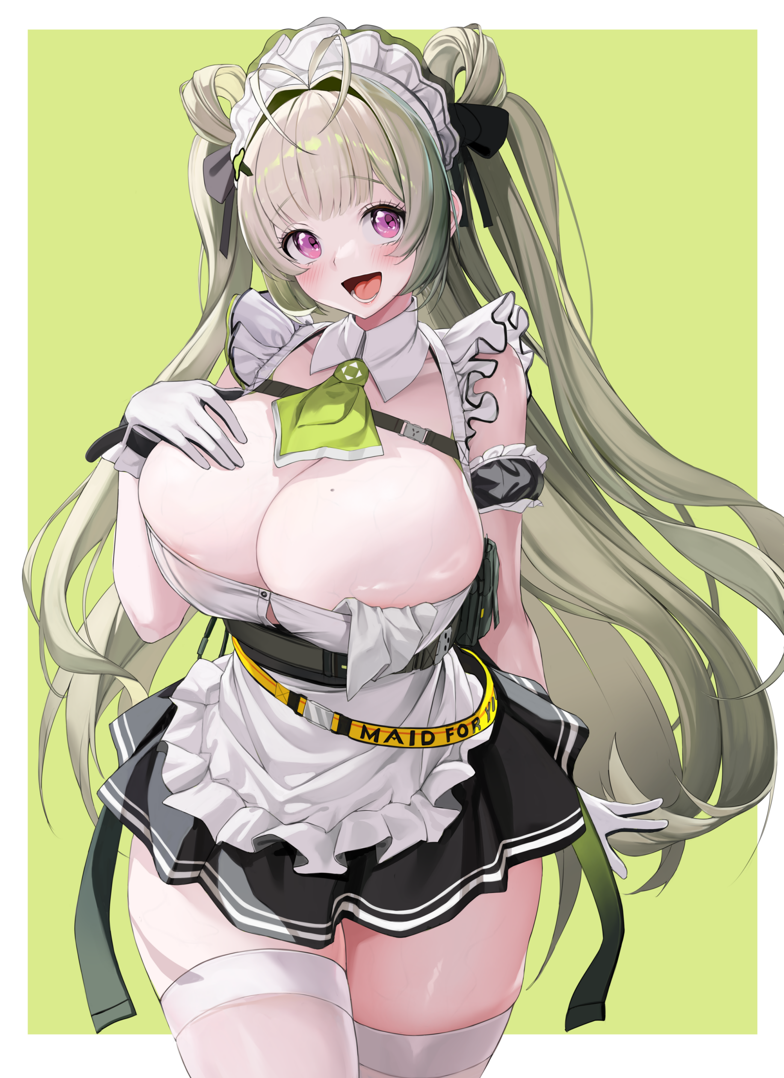 horegi, soda (nikke), goddess of victory: nikke, absurdres, commentary, highres, 1girl, :d, antenna hair, apron, arm cuffs, ascot, bare shoulders, belt, black bow, black gloves, black skirt, blush, border, bow, breast strap, breasts, chest strap, cleavage, collarbone, cowboy shot, detached collar, gloves, green ascot, green background, green hair, hair bow, hair ornament, hair rings, hand on own chest, heart antenna hair, large breasts, long hair, looking at viewer, lower teeth only, maid apron, maid headdress, mole, mole on breast, open mouth, pleated skirt, purple eyes, sidelocks, skindentation, skirt, smile, solo, standing, teeth, thighhighs, two-tone gloves, very long hair, white apron, white border, white gloves, white thighhighs, yellow belt, zettai ryouiki