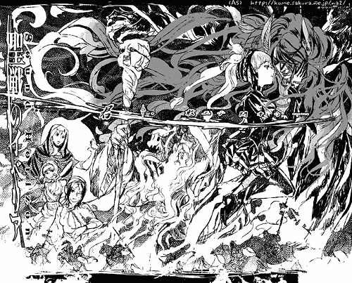 na2, layla (sound horizon), shaytan, shaytan (sound horizon), seisen no iberia, sound horizon, lowres, 1boy, 5girls, bloomers, boots, demon boy, dress, fire, greyscale, headband, horns, long hair, monochrome, multiple girls, staff, thigh boots, thighhighs, turtleneck, underwear, very long hair, watermark