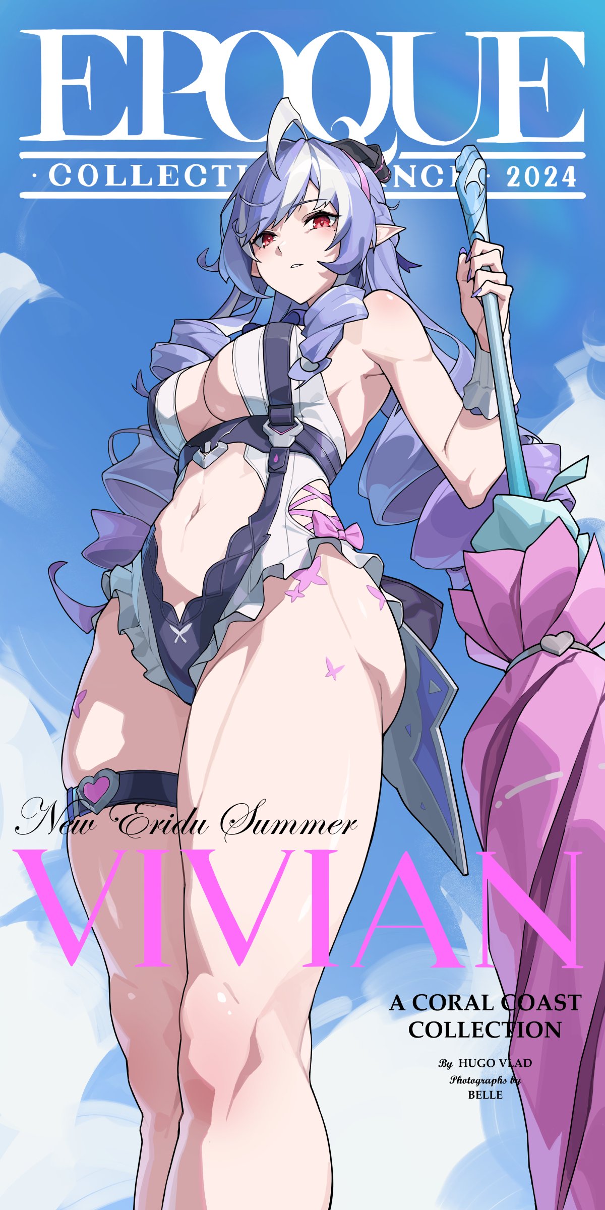honey boba, vivian banshee, vivian banshee (iris of the shore), zenless zone zero, absurdres, commentary, english commentary, highres, 1girl, animal print, ass, bare shoulders, black bow, blue sky, bow, bowtie, breasts, butterfly print, character name, clothing cutout, cloud, drill hair, english text, frilled one-piece swimsuit, frilled wrist cuffs, frills, from below, hair bow, holding, holding umbrella, knees, long hair, looking at viewer, mole, mole under eye, navel, official alternate costume, one-piece swimsuit, pink bow, pink umbrella, pointy ears, purple bow, purple bowtie, purple hair, purple nails, red eyes, sideboob cutout, sky, solo, stomach, stomach cutout, swimsuit, thigh strap, two-tone one-piece swimsuit, umbrella, wrist cuffs