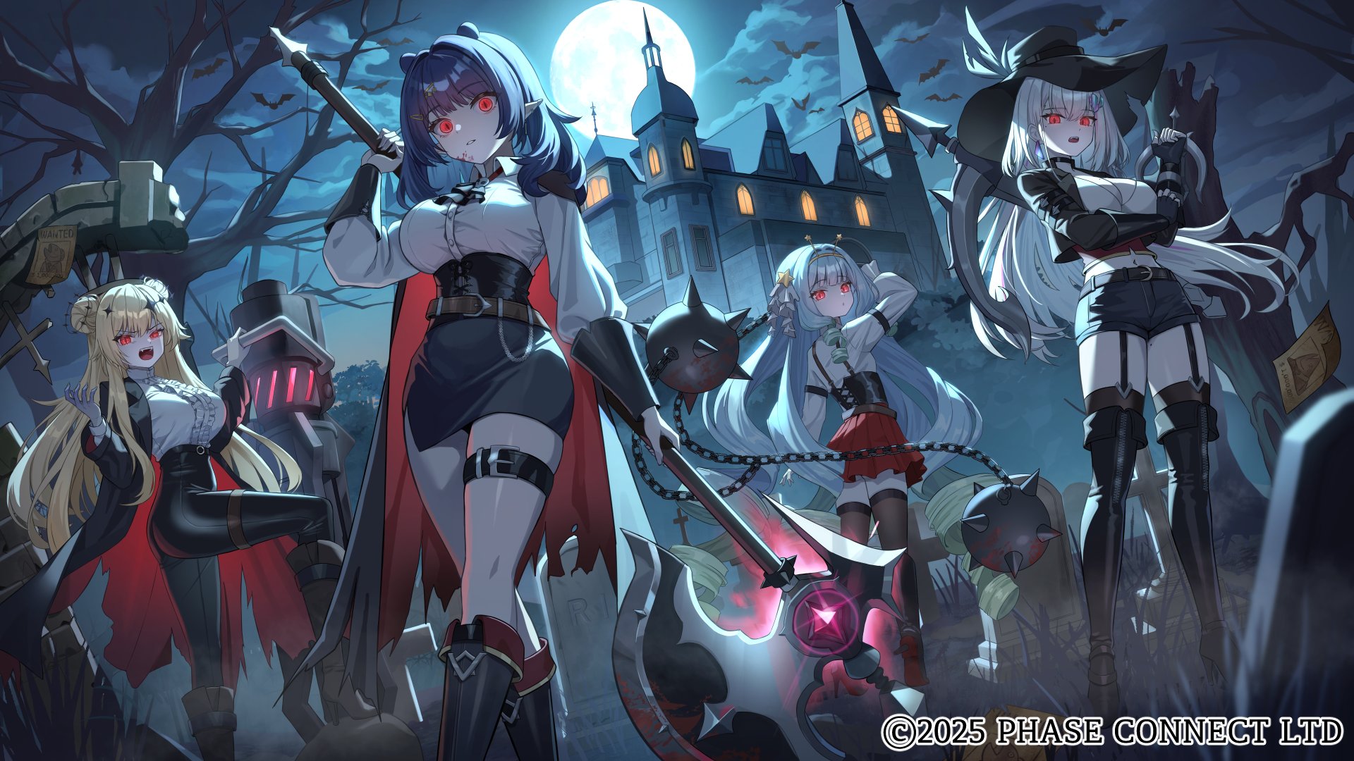 rahy, dizzy dokuro, jelly hoshiumi, kaneko lumi, rinkou ashelia, phase connect, highres, official art, 4girls, ascot, axe, bare tree, bat (animal), belt, black ascot, black belt, black boots, black cape, black choker, black corset, black garter straps, black gloves, black hat, black jacket, black pants, black shorts, black skirt, blue hair, boots, breasts, brown boots, buttons, cape, castle, center frills, choker, cloud, copyright notice, corset, cropped jacket, cross, double bun, fingerless gloves, frills, garter straps, gloves, graveyard, hair bun, hair ornament, hairband, hat, holding, holding axe, holding weapon, jacket, long hair, midriff, multiple girls, navel, night, night sky, open mouth, pants, pointy ears, red cape, red eyes, red skirt, shirt, short shorts, shorts, skirt, sky, star (symbol), star hair ornament, thigh belt, thigh boots, thigh strap, tombstone, tree, two-sided cape, two-sided fabric, virtual youtuber, wanted poster, weapon, white hair, white shirt, yellow hairband