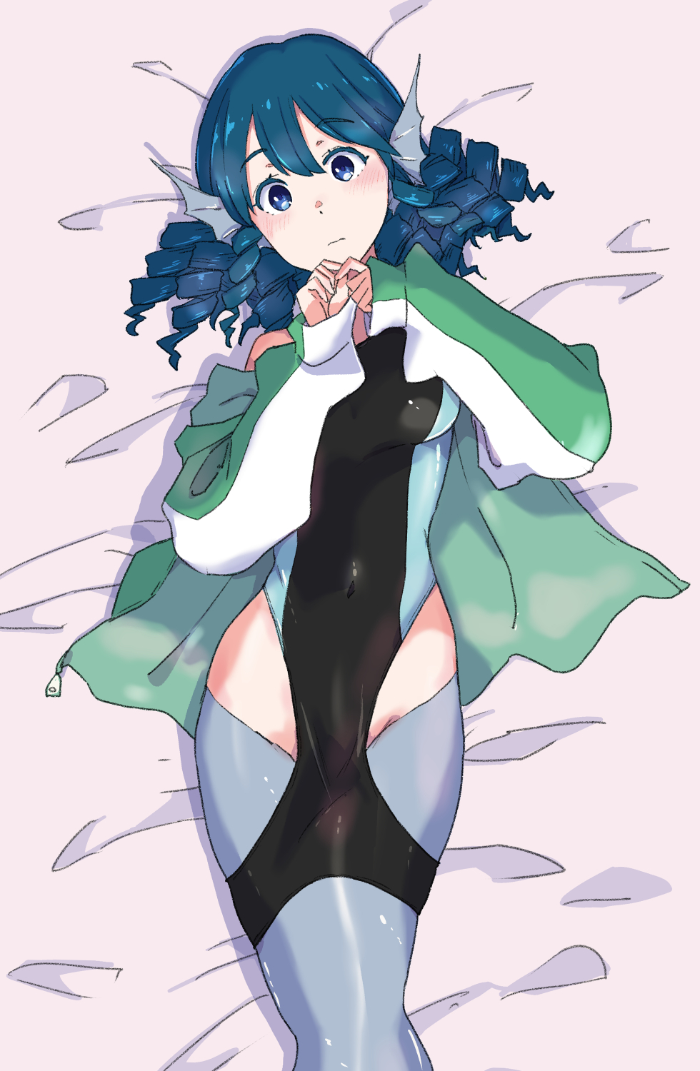 jack (wkm74959), wakasagihime, touhou, commentary request, highres, 1girl, blue eyes, blue hair, blush, competition swimsuit, drill hair, drill sidelocks, fins, hair between eyes, head fins, jacket, kneeless mermaid, looking at viewer, lying, mermaid, mermaid out of environment, monster girl, on back, one-piece swimsuit, short hair, sidelocks, solo, swimsuit, track jacket, two-tone swimsuit, zipper pull tab