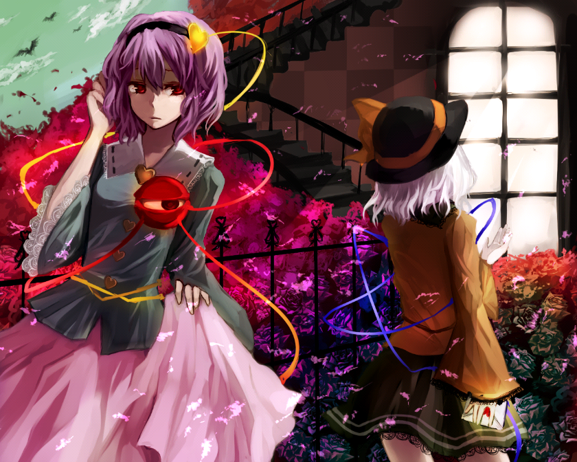 kame, komeiji koishi, komeiji satori, touhou, bad id, bad pixiv id, 2girls, female focus, hairband, hat, multiple girls, purple hair, red eyes, ribbon, short hair, siblings, sisters, white hair