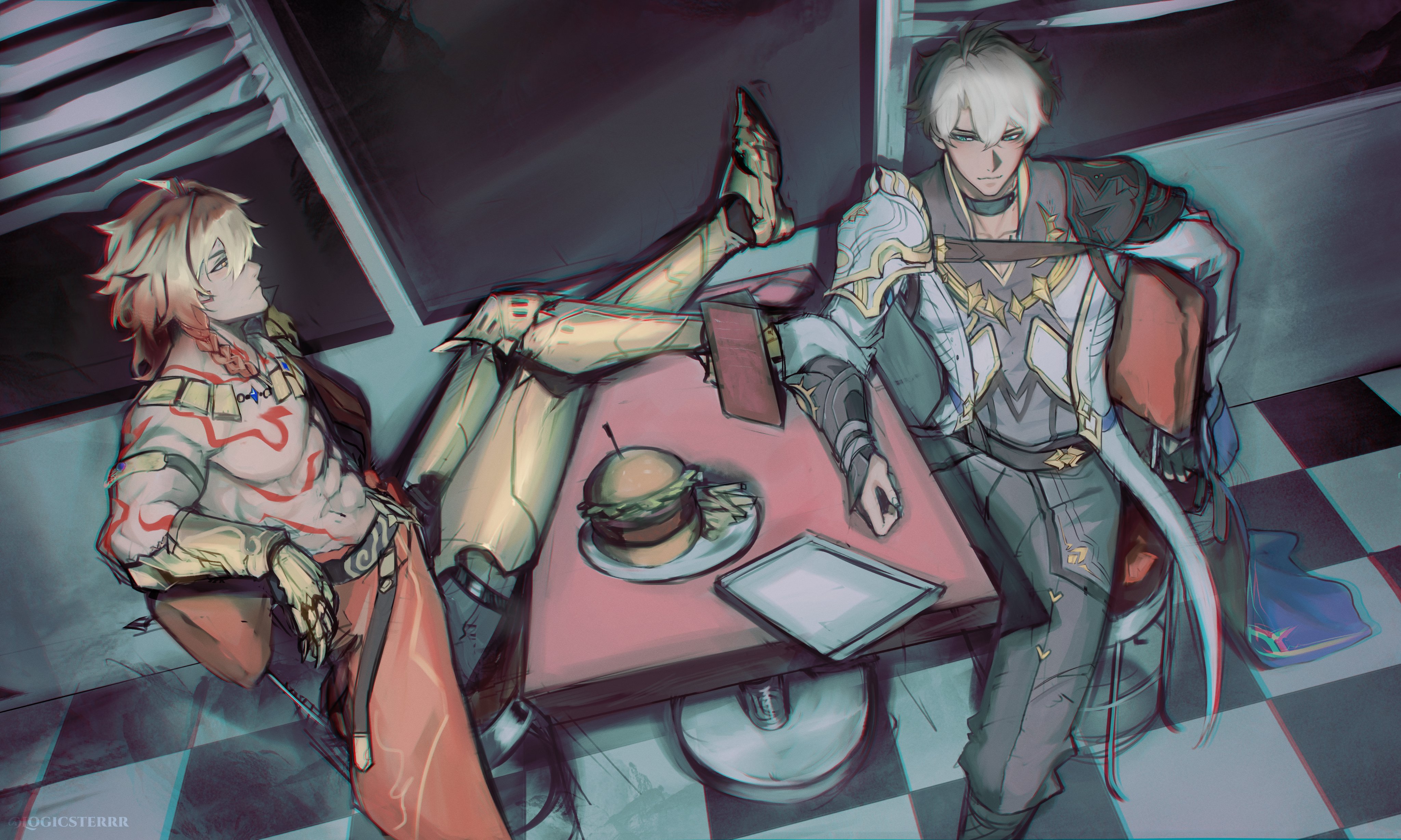 logicsterrr, mydei (honkai: star rail), phainon (honkai: star rail), honkai: star rail, honkai (series), absurdres, commentary, english commentary, highres, 2boys, abs, antenna hair, arm tattoo, armlet, armor, armored boots, black choker, black coat, black pants, black shirt, blonde hair, blue cape, blue eyes, boots, braid, cape, chest tattoo, choker, clawed gauntlets, coat, earrings, facial tattoo, gold earrings, gold necklace, gradient hair, jewelry, male focus, medium hair, multicolored hair, multiple boys, neck tattoo, necklace, open clothes, open coat, pants, parted bangs, pauldrons, red hair, red tattoo, shirt, short hair, shoulder armor, side braid, single pauldron, sun symbol, sun tattoo, tan, tattoo, toned, toned male, white coat, white hair, yellow eyes