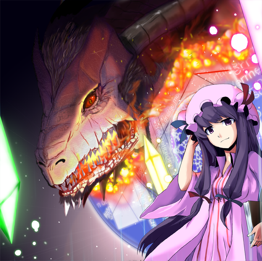 oyaji-sou, patchouli knowledge, touhou, bad id, bad pixiv id, 1girl, book, dragon, female focus, hand on headwear, hat, long hair, purple eyes, purple hair, ribbon, smile, solo