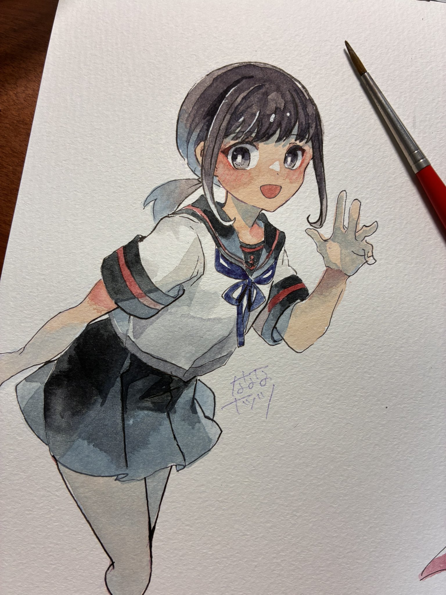 nanananatsu, fubuki (kancolle), fubuki kai ni (kancolle), kantai collection, commentary request, highres, painting (medium), pen (medium), traditional media, watercolor (medium), 1girl, :d, anchor print, black sailor collar, black skirt, blue neckerchief, blush, brown hair, cropped legs, grey eyes, looking at viewer, low ponytail, medium hair, miniskirt, neckerchief, open mouth, pleated skirt, ponytail, sailor collar, shirt, short sleeves, sidelocks, signature, simple background, skirt, smile, solo, white background, white shirt