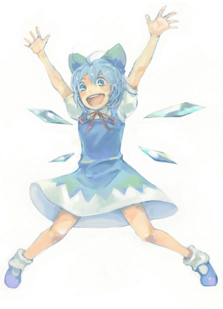 inu (wankosan), cirno, touhou, bad id, bad pixiv id, 1girl, o/, arms up, dress, female focus, full body, outstretched arms, simple background, smile, solo, spread legs, white background
