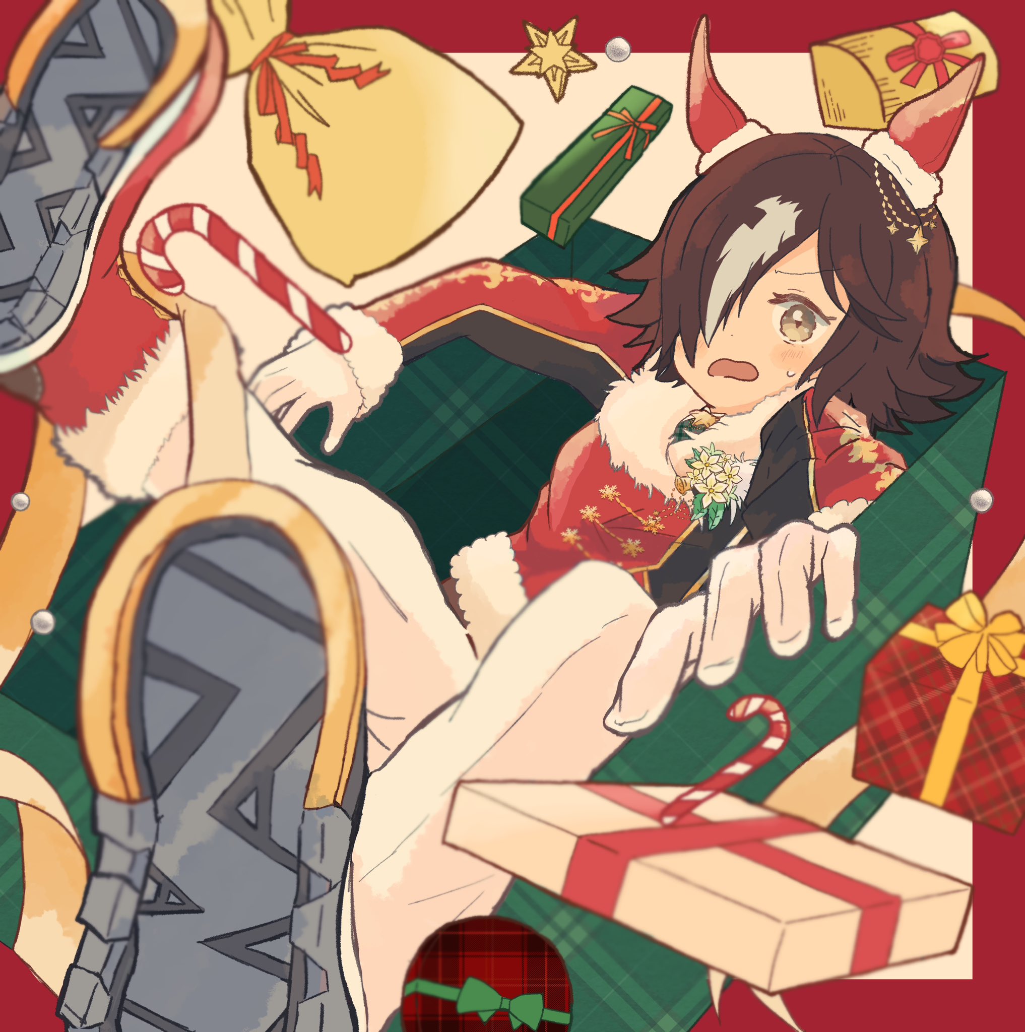 vodka (nonfreezing aqua vitae) (umamusume), vodka (umamusume), umamusume, highres, 1girl, animal ears, box, brown eyes, brown hair, candy, candy cane, ear covers, food, fur-trimmed jacket, fur armlet, fur jacket, fur trim, gift, gift box, gloves, hair over one eye, horse ears, horse girl, imooo4x, jacket, looking at viewer, multicolored hair, official alternate costume, pants, red jacket, solo, streaked hair, white gloves, white hair, white pants