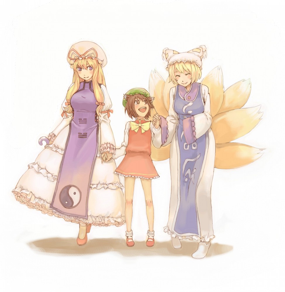 inu (wankosan), chen, yakumo ran, yakumo yukari, touhou, bad id, bad pixiv id, 3girls, :d, animal ears, animal hat, bare legs, blonde hair, bow, brown eyes, cat ears, cat girl, dress, female focus, fox tail, hair bow, hands in opposite sleeves, hat, holding hands, long hair, long sleeves, mary janes, mob cap, multiple girls, multiple tails, open mouth, parasol, shoes, short hair, smile, socks, standing, tail, tassel, umbrella, walking, white background, wide sleeves