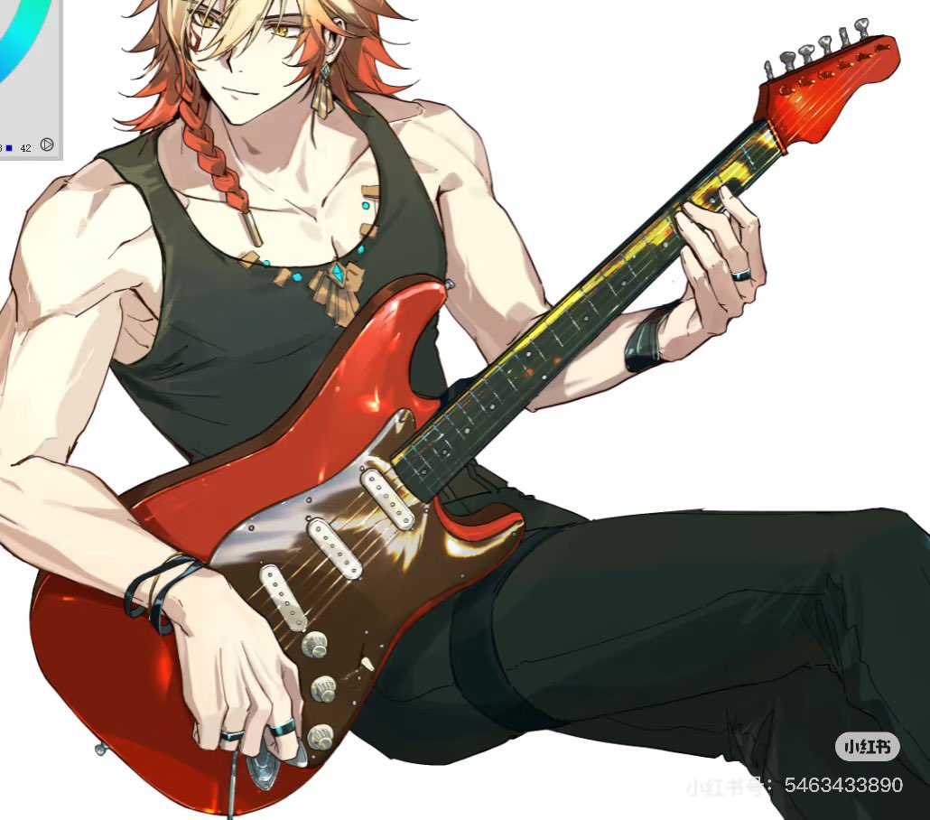 migan, mydei (honkai: star rail), honkai: star rail, honkai (series), unfinished, 1boy, black pants, black tank top, blonde hair, braid, electric guitar, gradient hair, guitar, holding, holding guitar, holding instrument, instrument, male focus, medium hair, multicolored hair, pants, red hair, side braid, simple background, solo, tank top, toned, toned male, white background, yellow eyes