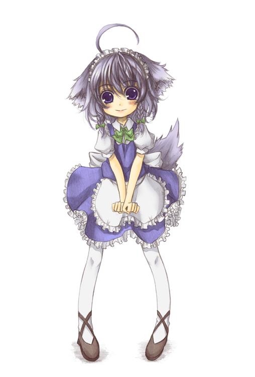 kurona, inu sakuya (nejikirio), izayoi sakuya, touhou, silver hair, 1girl, ahoge, animal ears, blue eyes, blush, dog ears, dog tail, female focus, kemonomimi mode, maid, ribbon, short hair, solo, tail