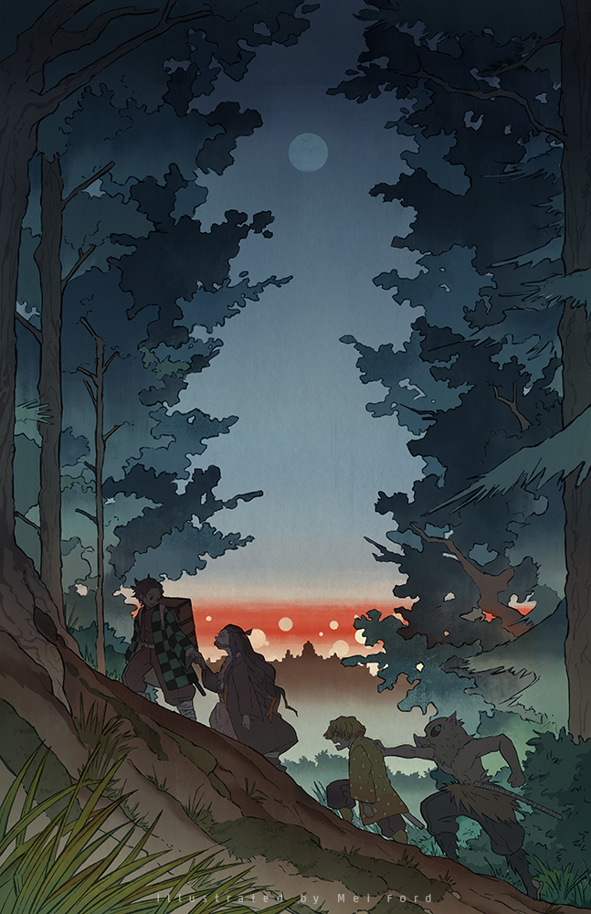 mei ford, agatsuma zenitsu, hashibira inosuke, kamado nezuko, kamado tanjirou, kimetsu no yaiba, commentary request, 1girl, 3boys, backpack, bag, black hair, blonde hair, boar mask, full moon, gag, holding hands, long hair, long sleeves, moon, multiple boys, night, outdoors, pushing, scenery, sky, tree, wide shot