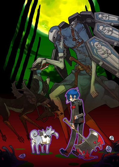 suminohirune, koromaru (persona), thanatos (persona), yuuki makoto (persona 3), atlus, persona, persona 3, axe, blood, school uniform, weapon