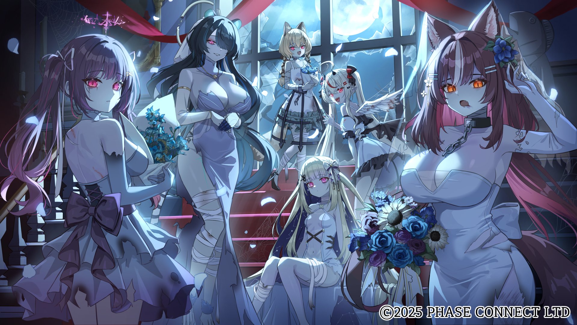 rahy, amanogawa shiina, chisaka airi, erina makina, h2osakana, himemiya rie, komachi panko, remilia nephys, phase connect, highres, official art, 6+girls, ahoge, animal ears, back bow, bandaged leg, bandaged neck, bandages, black bow, black collar, black hair, black horns, black shoes, blonde hair, blue flower, blue hair, blue rose, bouquet, bow, breasts, brown hair, chain, cleavage, collar, collarbone, copyright notice, dress, elbow gloves, fang, feathered wings, flower, frilled dress, frills, full moon, gloves, hair bow, hair flower, hair ornament, hair over one eye, hair ribbon, hairpin, halo, high heels, holding, holding bouquet, horns, jewelry, large breasts, long hair, mechanical arms, median furrow, moon, multicolored hair, multiple girls, navel, necklace, night, night sky, open mouth, phase alias, pink eyes, pink hair, pointy ears, purple flower, purple rose, railing, red bow, red eyes, red hair, ribbon, rose, shoes, single mechanical arm, sky, small breasts, stairs, statue, streaked hair, tail, tiara, tiger ears, tiger girl, tiger tail, torn clothes, torn dress, twintails, virtual youtuber, white dress, white flower, white gloves, white hair, white ribbon, white wings, wings