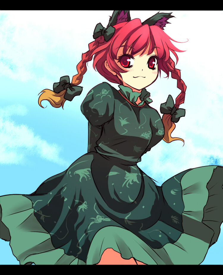 uruu gekka, kaenbyou rin, touhou, light, 1girl, :3, animal ears, arms behind back, braid, cat ears, cat girl, eyelashes, female focus, long hair, multicolored hair, outdoors, red eyes, ribbon, sky, solo, standing, twin braids, two-tone hair