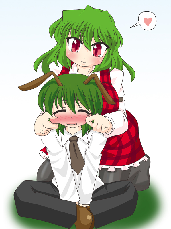 akasode (tyaramu), kazami yuuka, wriggle nightbug, touhou, black legwear, 2girls, antennae, blush, cheek pinching, closed eyes, female focus, green eyes, green hair, heart, multiple girls, necktie, pantyhose, pinching, plaid clothes, plaid skirt, plaid vest, red eyes, short hair, skirt, skirt set, spoken heart, tears, vest
