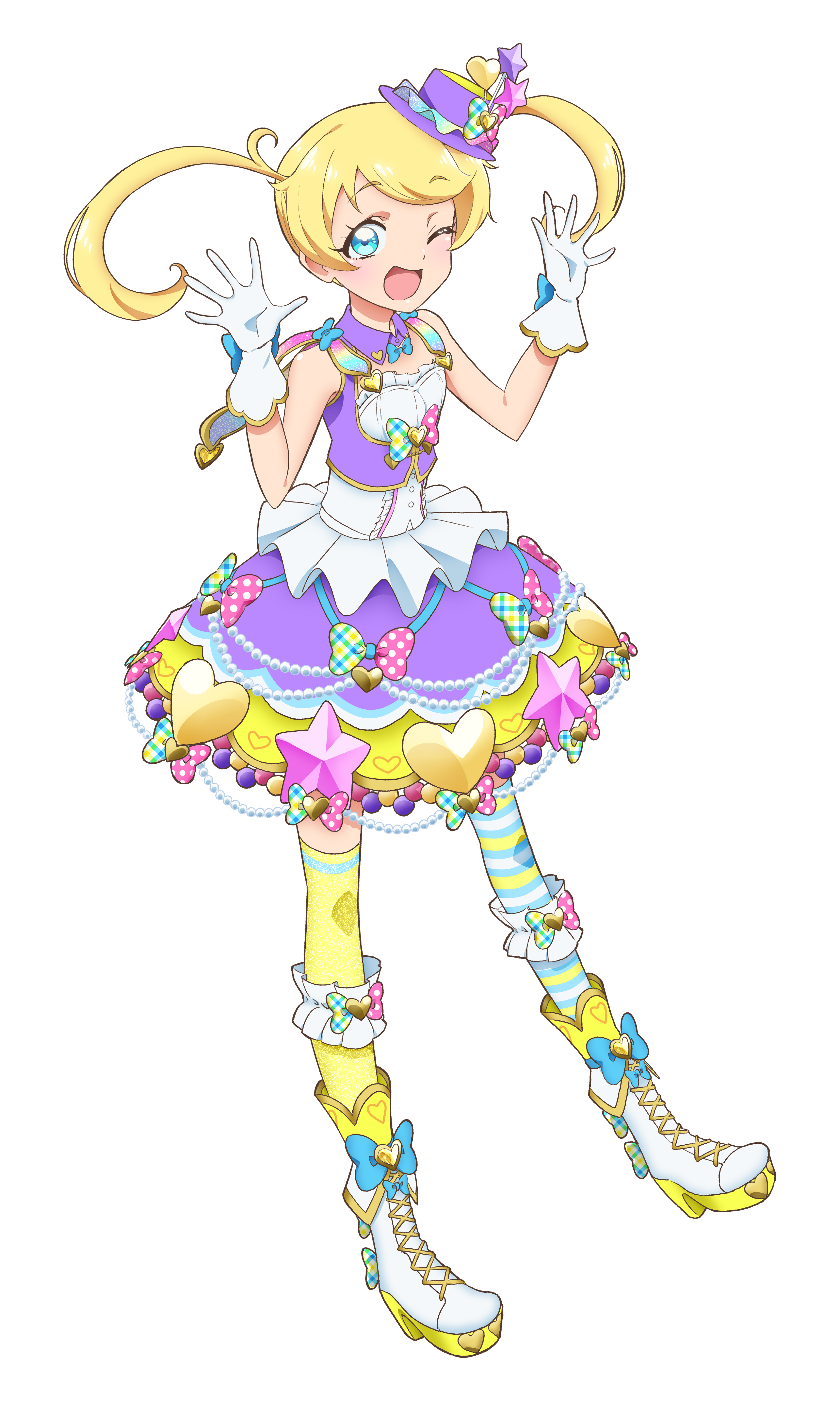 moegi emo, kiratto pri chan, pretty series, absurdres, highres, official art, second-party source, 1girl, ;d, asymmetrical legwear, blonde hair, blue bow, blue eyes, boots, bow, bubble skirt, dress, full body, gloves, hat, heart, high heel boots, high heels, idol clothes, long hair, looking at viewer, mini hat, mismatched legwear, one eye closed, open hands, open mouth, pantyhose, purple dress, purple hat, simple background, single leg pantyhose, single thighhigh, skirt, smile, solo, standing, star (symbol), striped clothes, striped pantyhose, thighhighs, twintails, white background, white boots, white gloves, yellow thighhighs