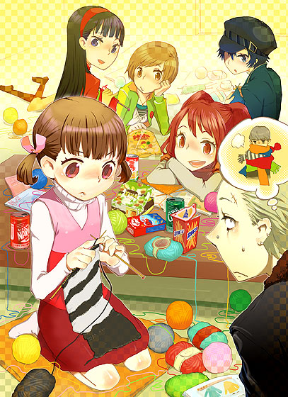 suminohirune, amagi yukiko, doujima nanako, kuma (persona 4), narukami yu, satonaka chie, shirogane naoto, tatsumi kanji, atlus, persona, persona 4, 5girls, knitting, multiple girls, scarf, yarn, yarn ball