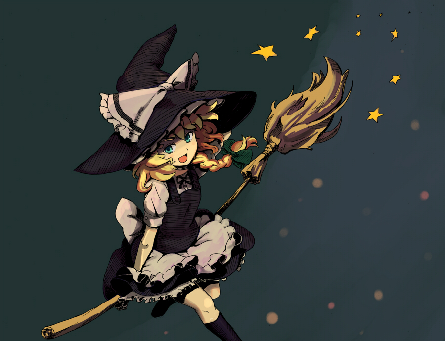 shibasaki shouji, kirisame marisa, touhou, bad id, bad pixiv id, 1girl, aqua eyes, blonde hair, blue eyes, broom, broom riding, bug, female focus, fly, flying, green eyes, hat, insect, ribbon, short hair, sidesaddle, simple background, solo, star (symbol), witch, witch hat