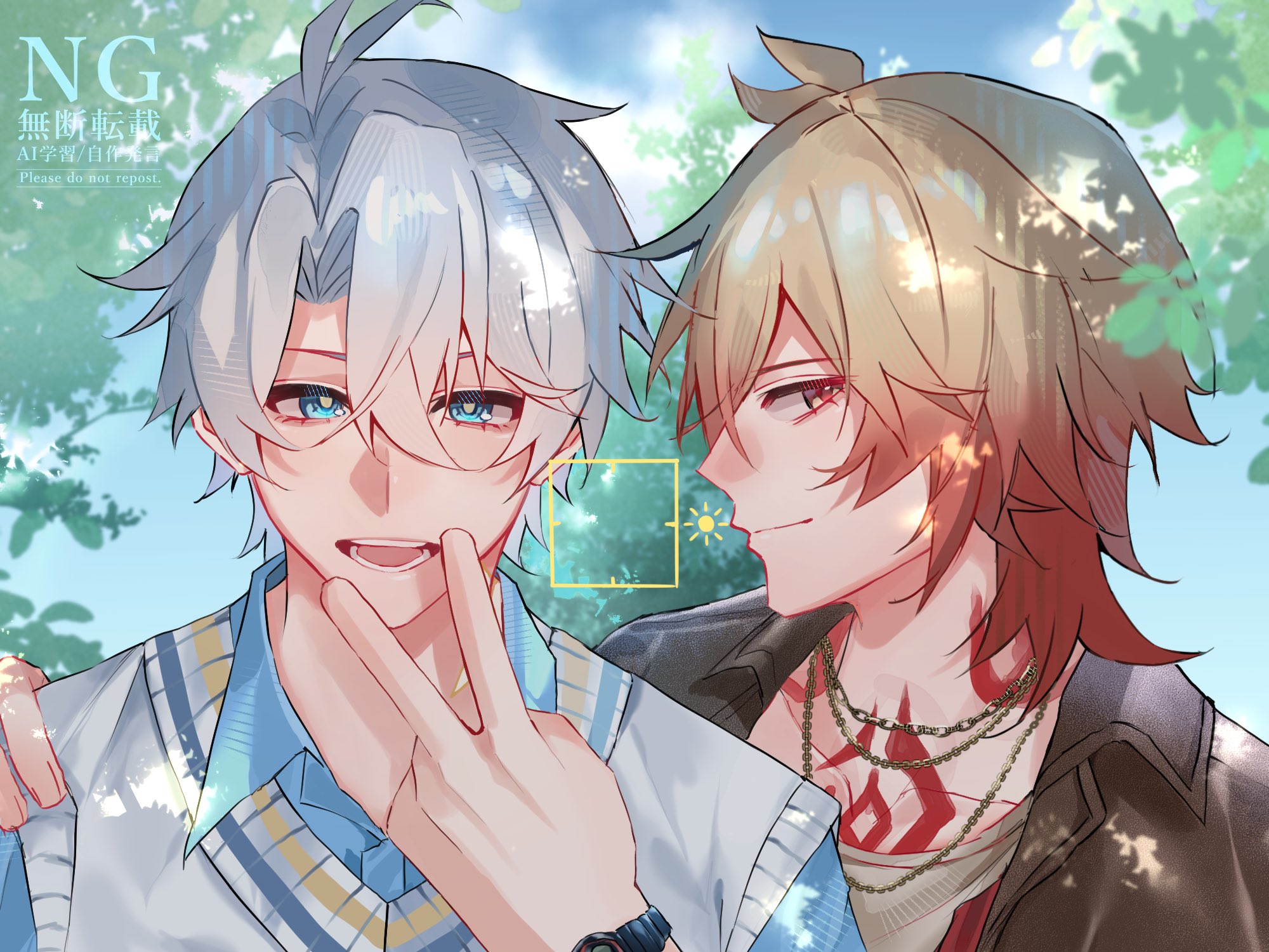 mydei (honkai: star rail), phainon (honkai: star rail), honkai: star rail, honkai (series), commentary request, highres, 2boys, antenna hair, black jacket, blonde hair, blue eyes, blue shirt, blue sky, braid, chest tattoo, collared shirt, gradient hair, jacket, laplace5, male focus, medium hair, multicolored hair, multiple boys, parted bangs, red hair, red tattoo, shirt, short hair, side braid, sky, tattoo, vest, viewfinder, watermark, white hair, white vest, yellow eyes