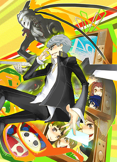 suminohirune, amagi yukiko, hanamura yousuke, kujikawa rise, kuma (persona 4), narukami yu, satonaka chie, shirogane naoto, tatsumi kanji, atlus, persona, persona 4, silver hair, 3boys, 4girls, antennae, from side, glasses, long sleeves, monster, multiple boys, multiple girls, profile, school uniform, screen, short hair, simple background, television, yellow background