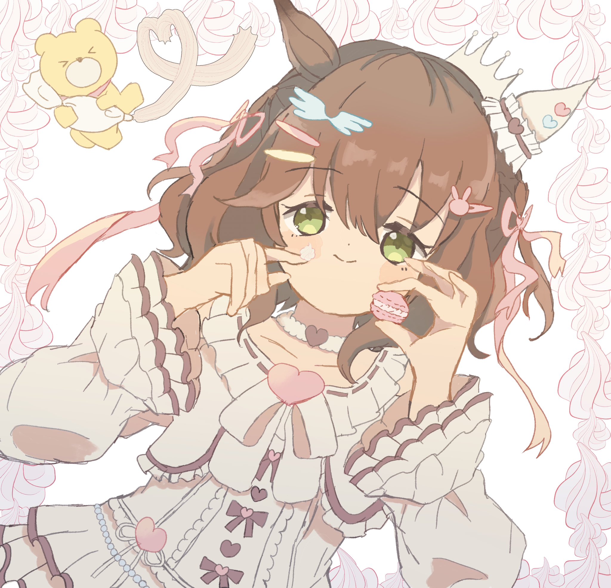 aston machan (everlasting candy) (umamusume), aston machan (umamusume), umamusume, highres, 1girl, animal ears, brown hair, ear covers, green eyes, hair between eyes, hair ornament, hair ribbon, hairclip, horse ears, horse girl, imooo4x, looking at viewer, official alternate costume, pink ribbon, ribbon, single ear cover, smile, solo