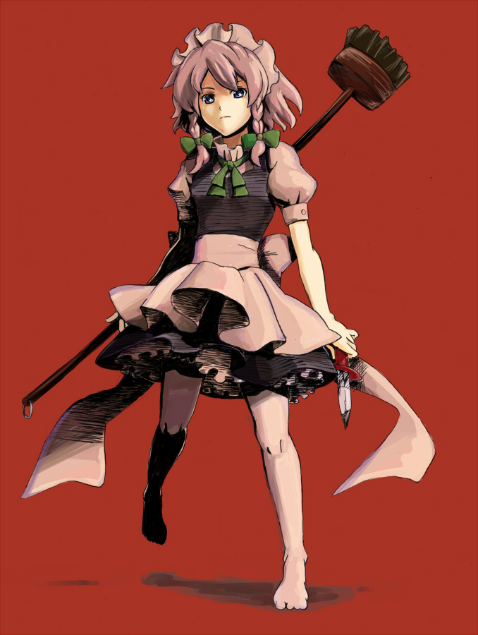 shibasaki shouji, izayoi sakuya, touhou, silver hair, bad id, bad pixiv id, 1girl, barefoot, blue eyes, broom, feet, female focus, hairband, knife, legs, maid, ribbon, short hair, simple background, solo, throwing knife, weapon