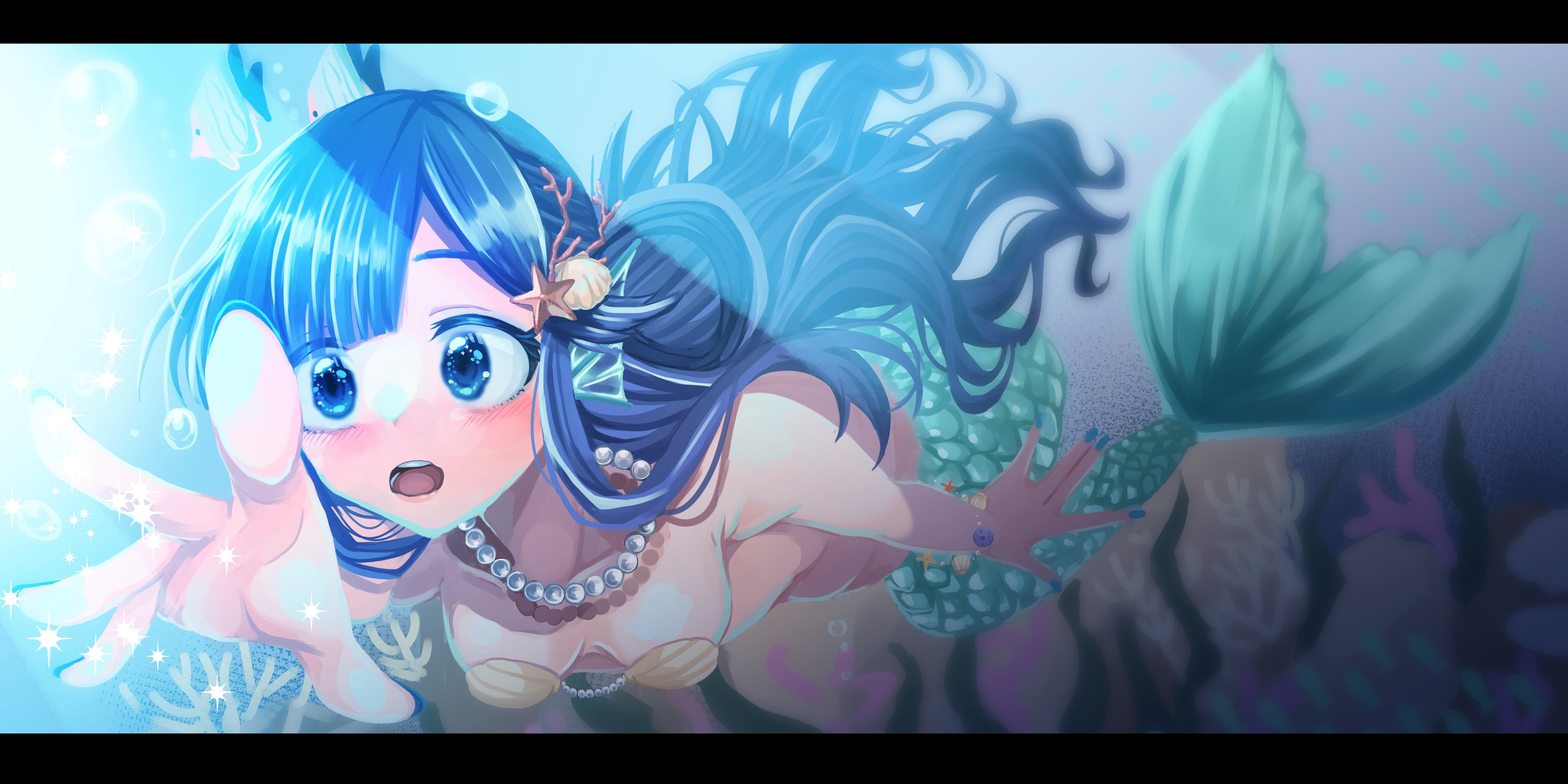 sakotsu (harisoudaisu), asari nanami, idolmaster, idolmaster cinderella girls, absurdres, commentary request, highres, 1girl, blue eyes, blue hair, bracelet, bubble, coral, fins, fish, hair ornament, hair rings, head fins, jewelry, long hair, mermaid, monster girl, monsterification, nail polish, open mouth, reaching, round teeth, single hair ring, solo, sparkle, starfish hair ornament, teeth, underwater