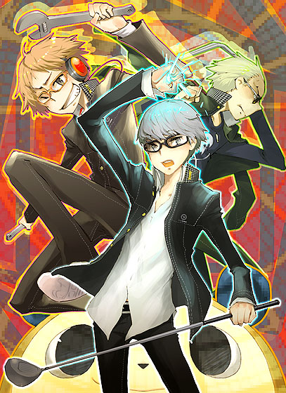 suminohirune, hanamura yousuke, kuma (persona 4), narukami yu, tatsumi kanji, atlus, persona, persona 4, 3boys, glasses, golf club, male focus, multiple boys, school uniform