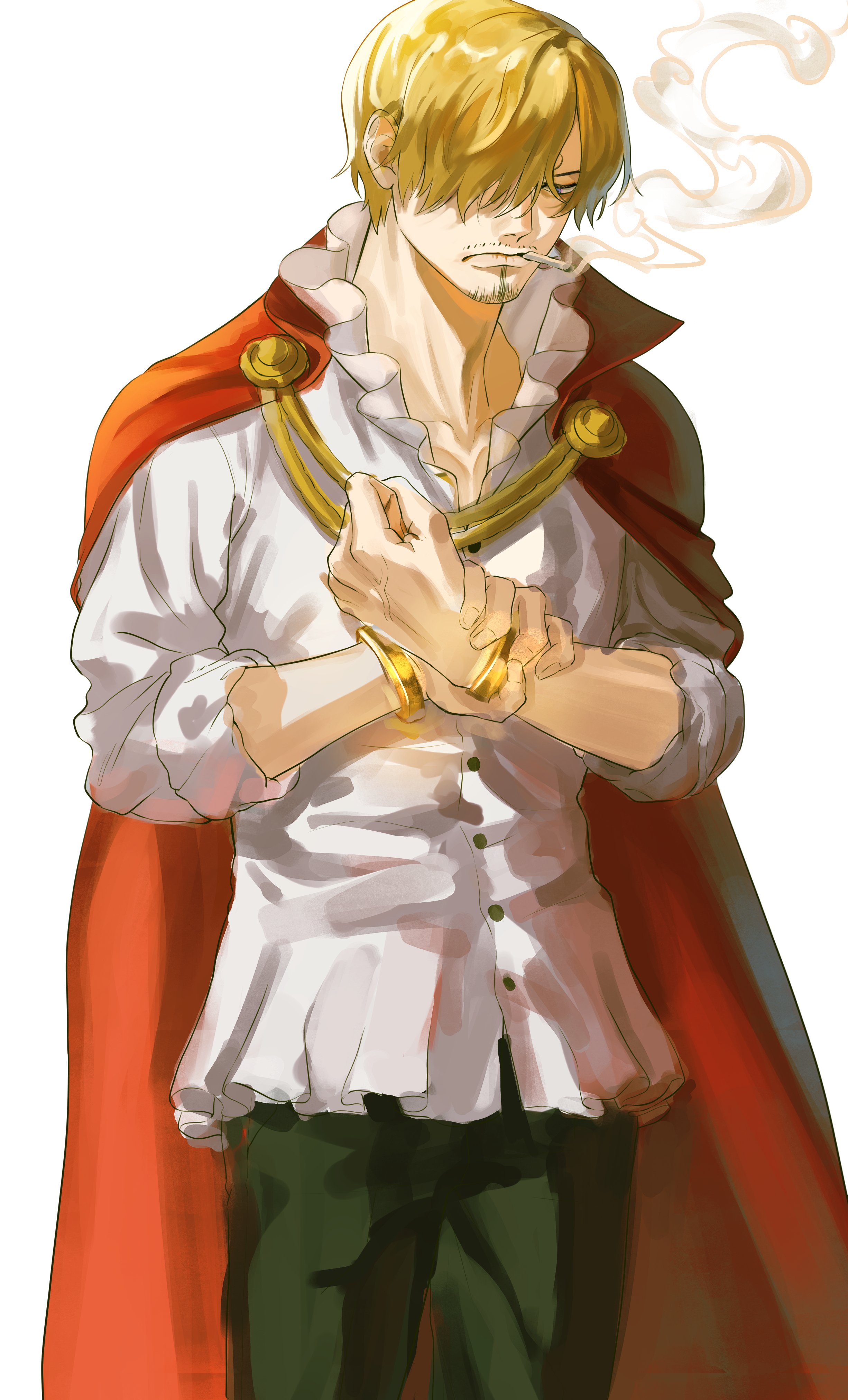 poipoisky72, sanji (one piece), one piece, absurdres, commentary request, highres, 1boy, blonde hair, bracelet, cape, cigarette, curly eyebrows, facial hair, goatee, green pants, hair over one eye, jewelry, male focus, mustache stubble, pants, red cape, shirt, short hair, simple background, smoking, solo, stubble, white background, white shirt