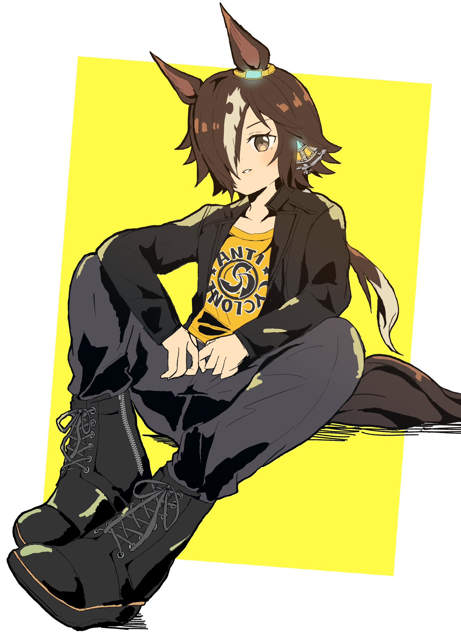 vodka (casual) (umamusume), vodka (umamusume), umamusume, highres, 1girl, animal ears, black boots, black jacket, black pants, boots, brown eyes, brown hair, ear ornament, hair intakes, hair over one eye, horse ears, horse girl, horse tail, imooo4x, jacket, leather, leather jacket, long hair, long sleeves, looking at viewer, low ponytail, multicolored hair, pants, ponytail, shirt, simple background, sitting, solo, tail, white hair, yellow background, yellow shirt