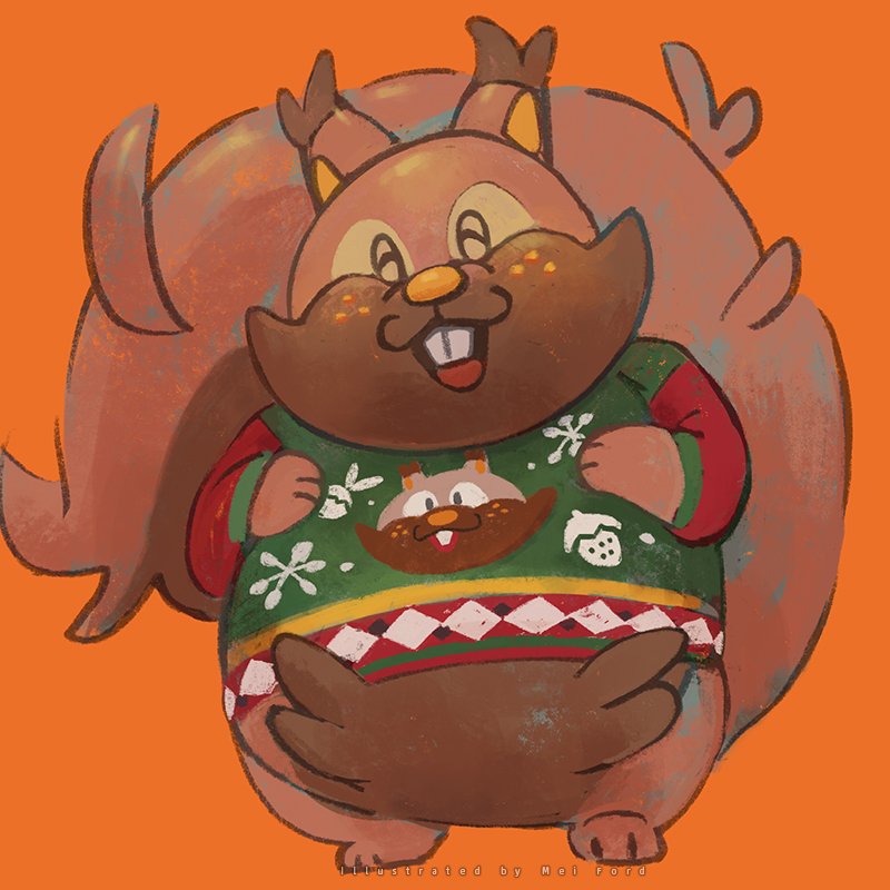 mei ford, greedent, nintendo, pokemon, commentary request, artist name, christmas sweater, clothed pokemon, full body, gen 8 pokemon, looking at viewer, no humans, open mouth, orange background, pokemon (creature), simple background, solo, squirrel