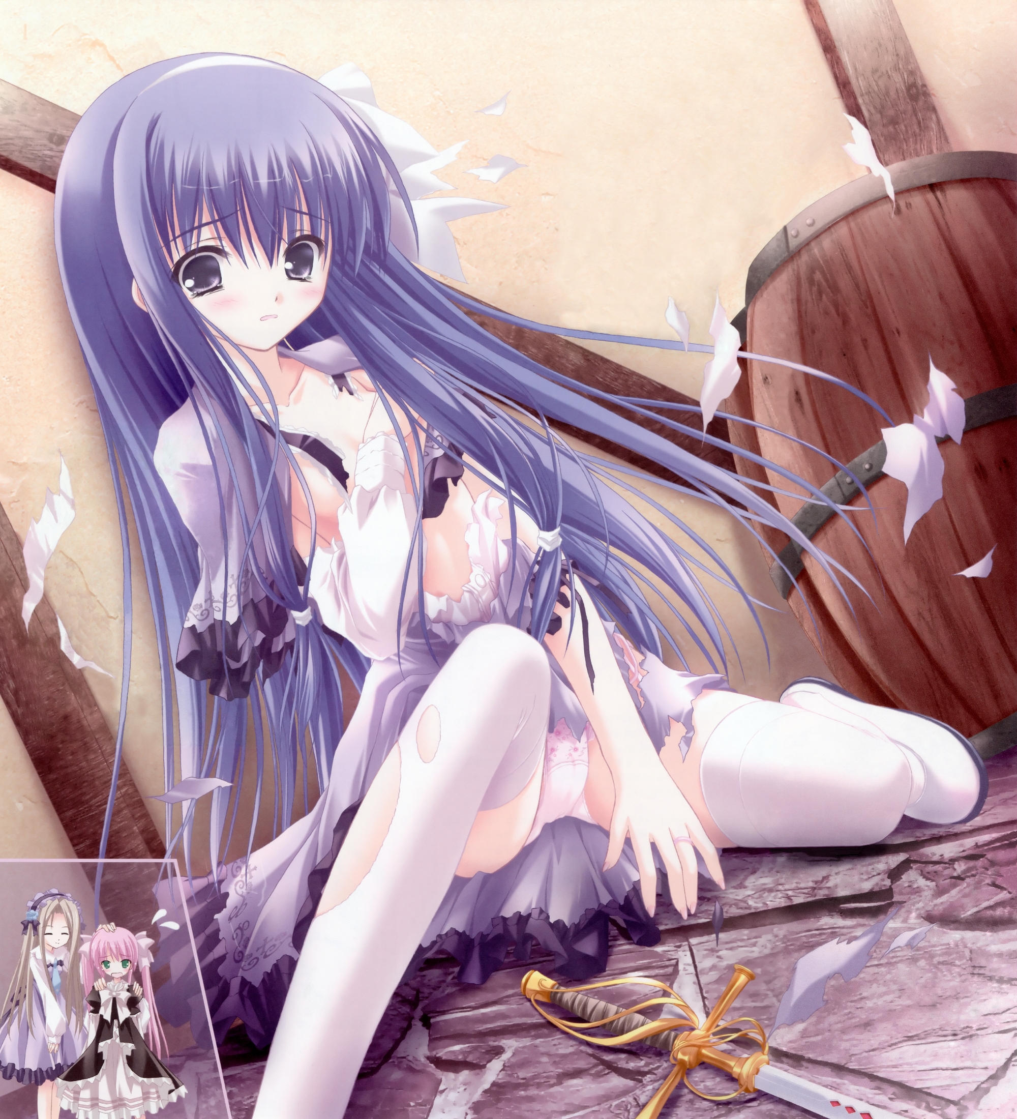 tinker bell (pixiv 10956015), original, highres, 3girls, blush, dress, long hair, multiple girls, panties, pantyshot, purple eyes, purple hair, ribbon, sitting, spread legs, sword, thighhighs, torn clothes, underwear, upskirt, weapon