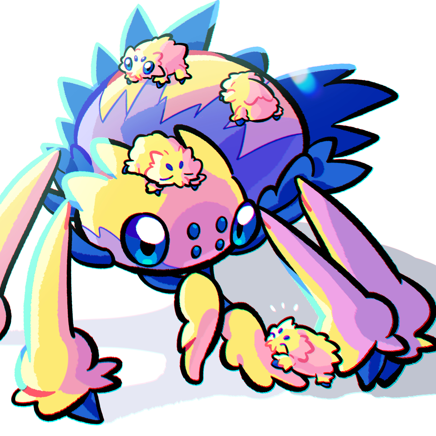 milm 2, galvantula, joltik, nintendo, pokemon, commentary request, highres, animal focus, blue eyes, bug, closed eyes, evolutionary line, gen 5 pokemon, no humans, notice lines, on head, pokemon (creature), pokemon focus, pokemon on back, pokemon on head, simple background, sleeping, white background