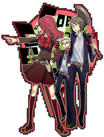 suminohirune, aragaki shinjirou, kirijou mitsuru, sanada akihiko, atlus, persona, persona 3, 1girl, 2boys, axe, brown hair, evoker, multiple boys, no headwear, red hair, s.e.e.s, school uniform, weapon, white hair